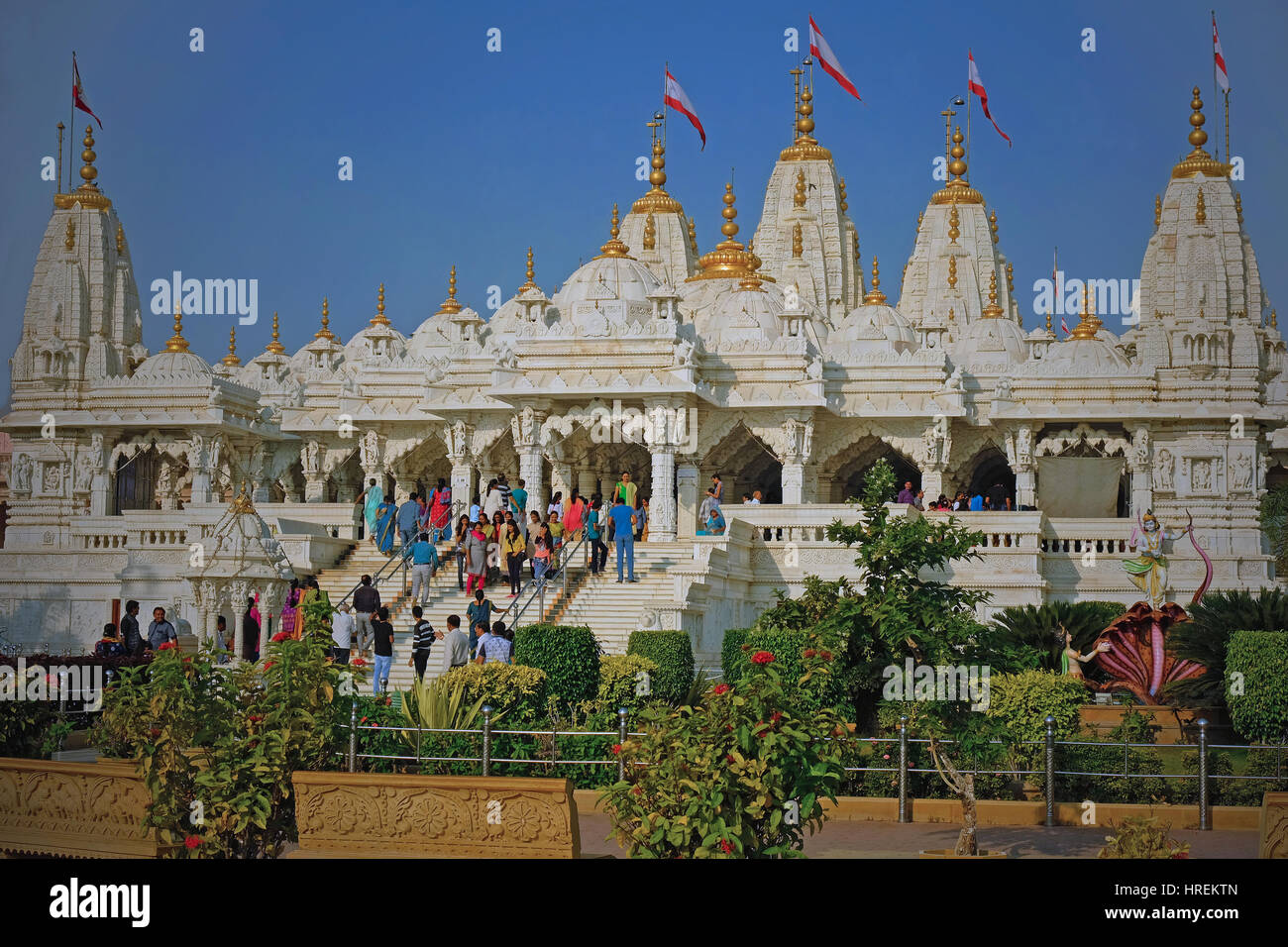 The recently built Shri Swaminarayan Hindu temple in Bhuj, India, with its doors and domes made of gold, and ceilings and pillars of white marble Stock Photo