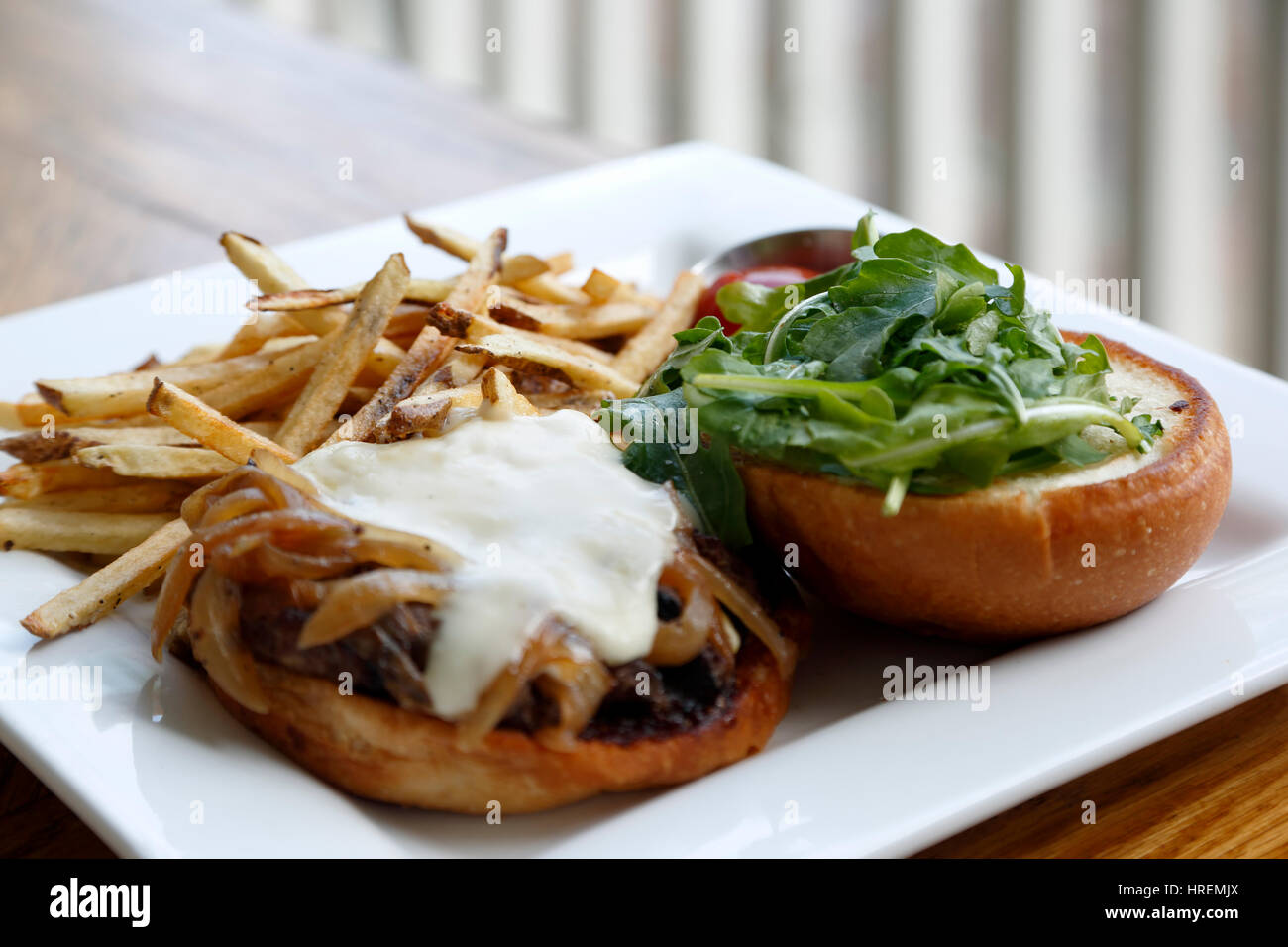 Bison Bistro Burger and fries, Dining Hall, Chautauqua Park, Boulder, Colorado USA Stock Photo