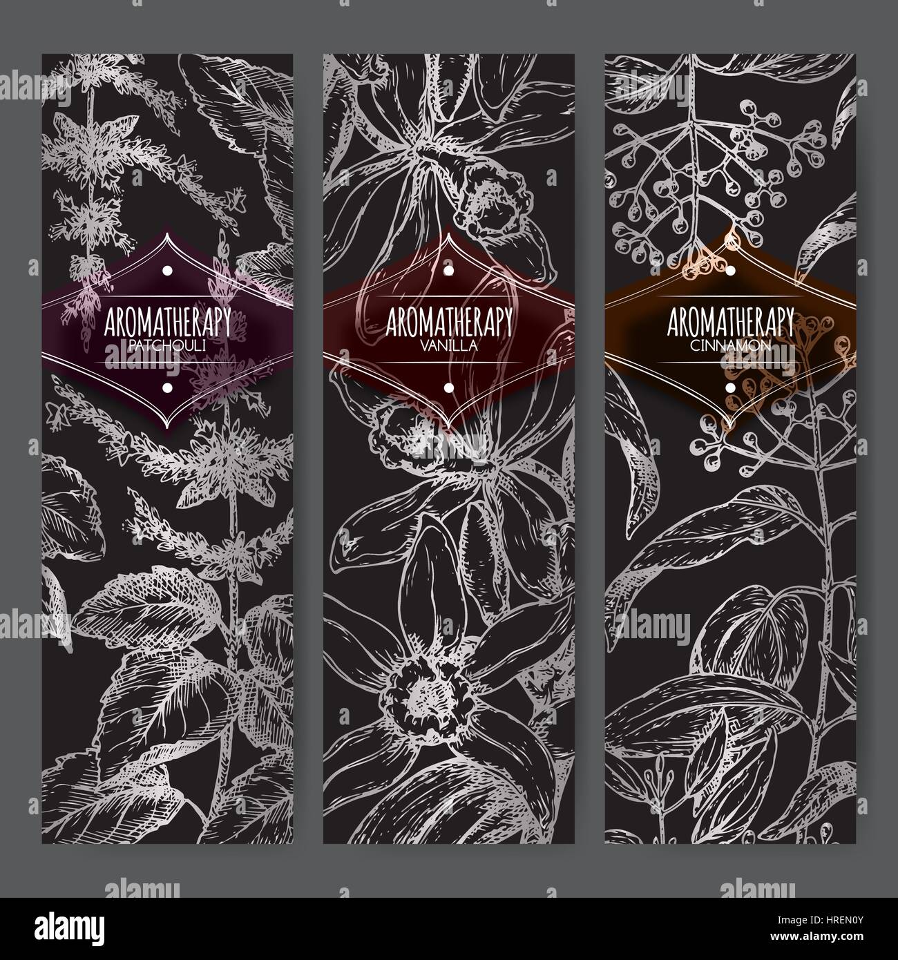 Set of three labels with patchouli, vanilla and cinnamon on black. Stock Vector