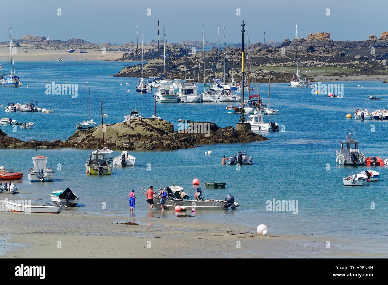 The channel 'Le Sound' in summer, in Chausey Islands, boats at anchor (Manche, Normandie, France). Stock Photo