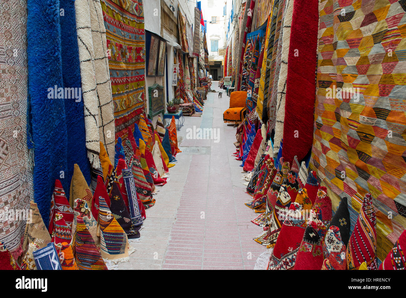A street full of carpets and rugs in the town of Essaouira on the Atlantic  Coast of Morocco Stock Photo - Alamy