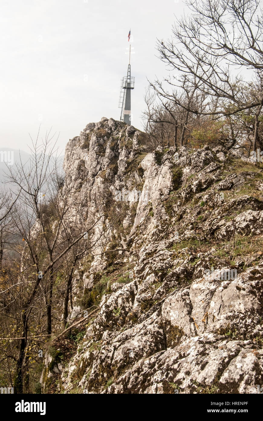 Vapenna hill with limestone rocks and view tower in autumn Male Karpaty mountains in Western Slovakia Stock Photo