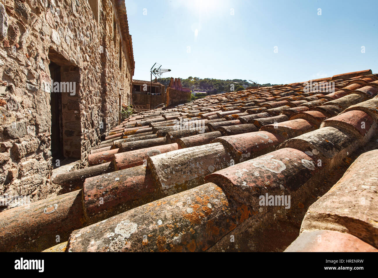 close up old terracotta tile roof texture Stock Photo