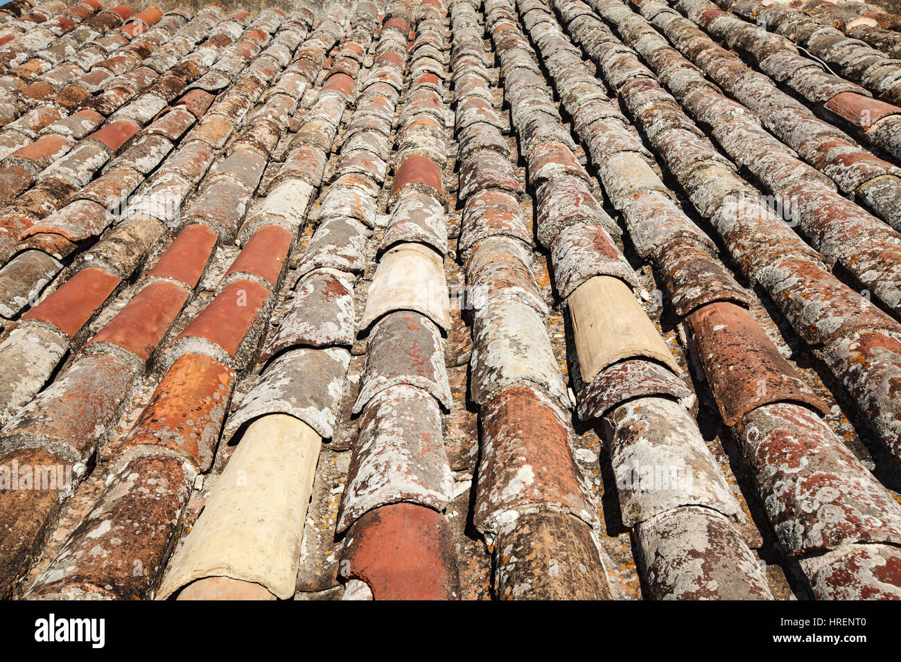 close up old terracotta tile roof texture Stock Photo