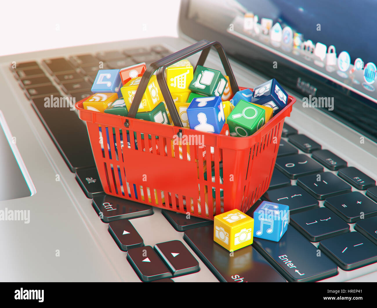 Laptop computer application software icons in the shopping basket ...