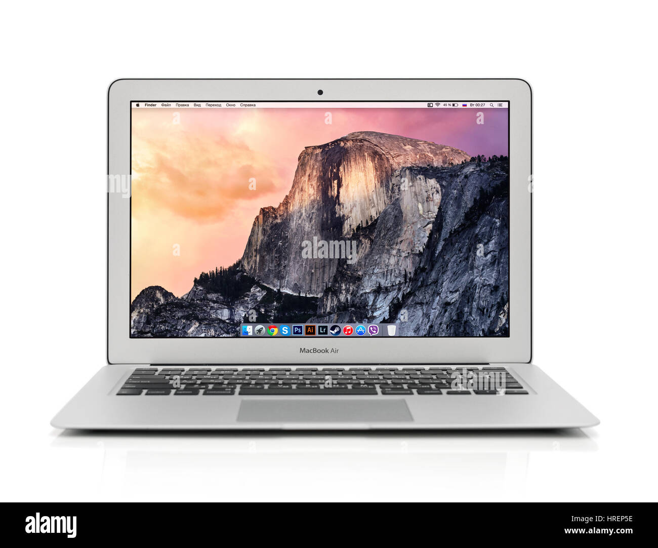 KIEV, UKRAINE - JANUARY 29, 2015: Studio shot of brand new Apple MacBook Air Early 2014 with home page on screen, designed and developed by Apple Inc. Stock Photo