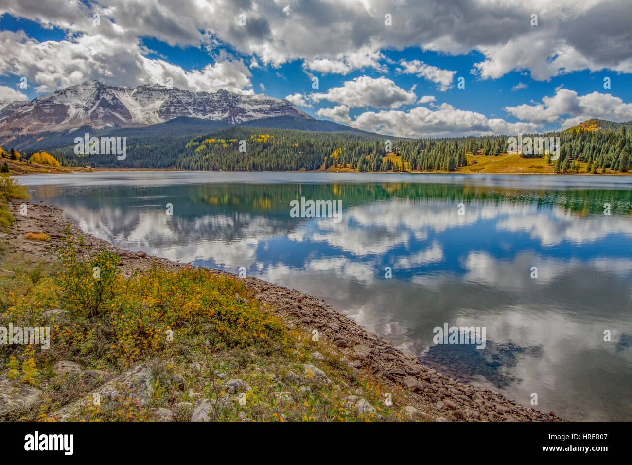 Trout Lake and San Juan Mountains, Uncomphagre National Forest, Colorado, Near Telluride Morning Stock Photo