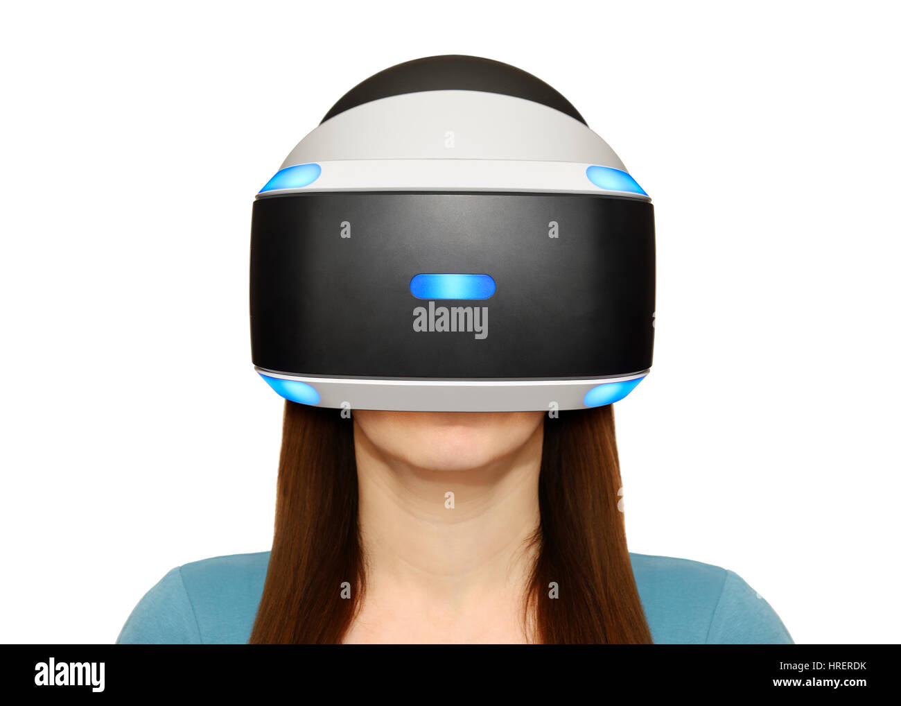 Woman Wearing a Sony Playstation VR Headset Against a White Background. Stock Photo