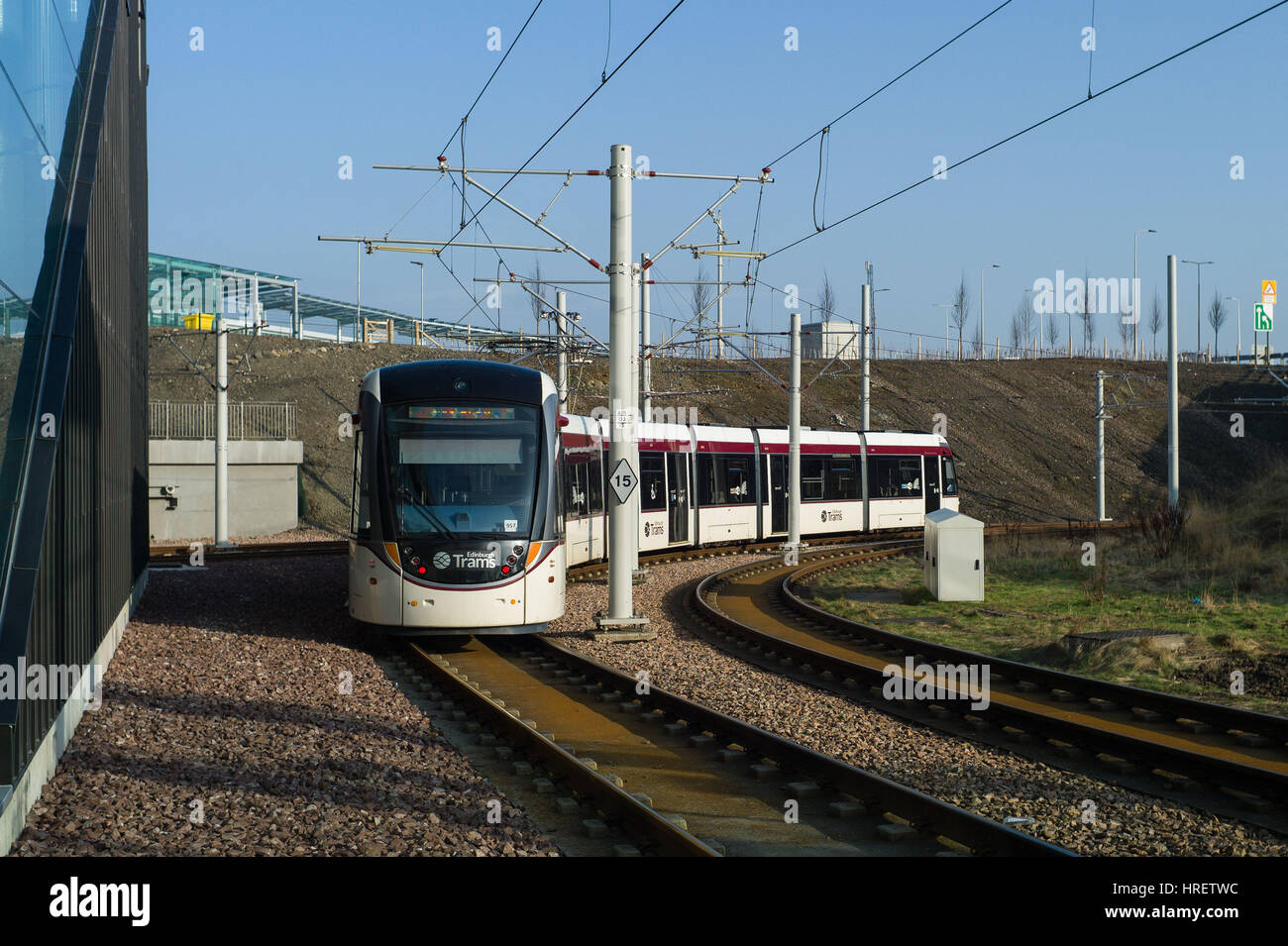 Tram arriving at Edinburgh Gateway Tram / Train Station interchange on