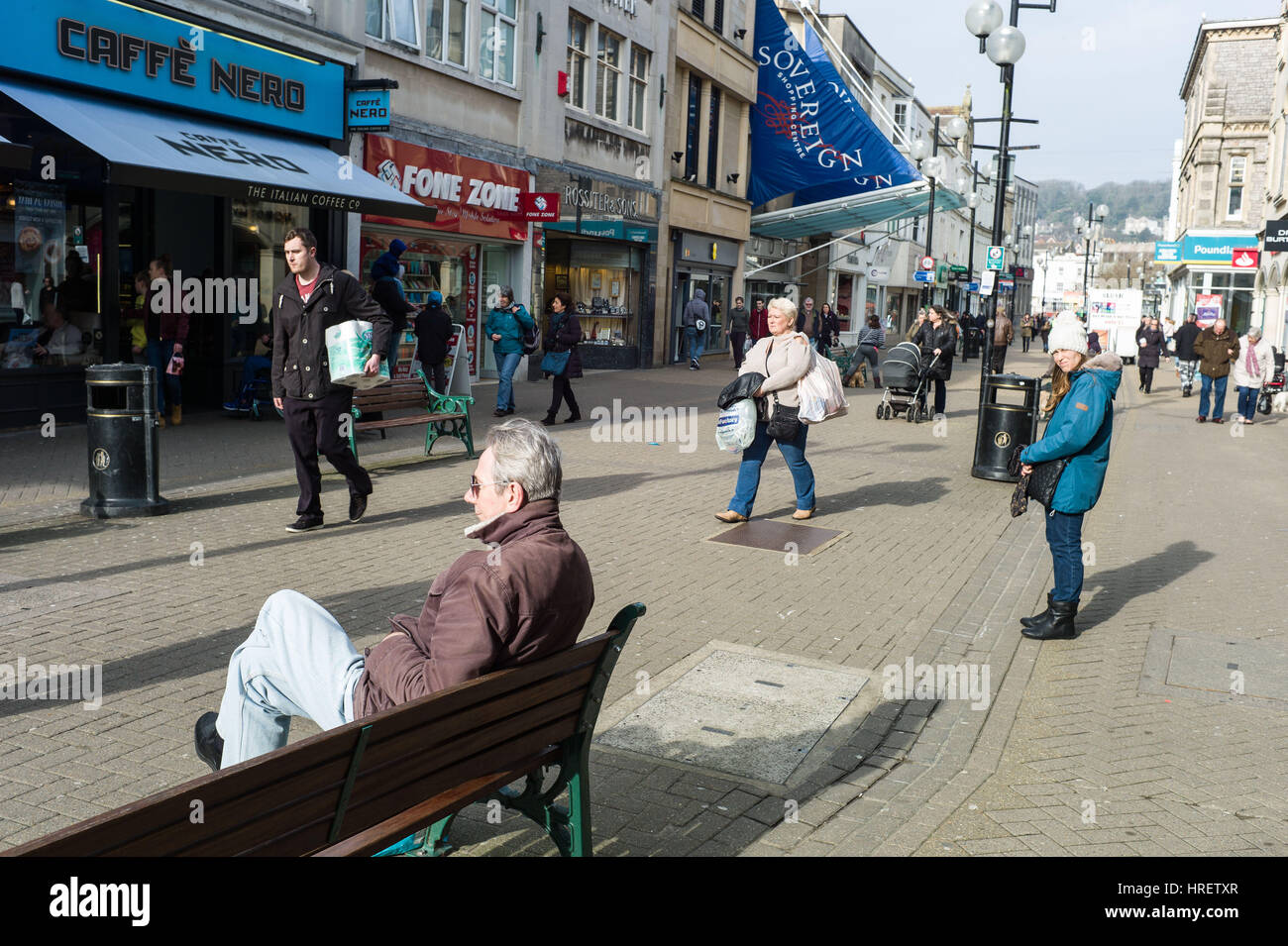 Weston- super-Mare High street England pedestrianised and busy. Stock Photo