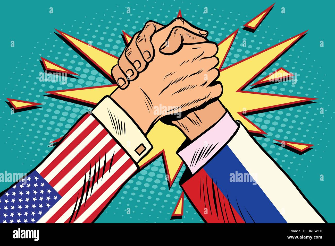 USA vs Russia. Arm wrestling fight confrontation, pop art retro vector