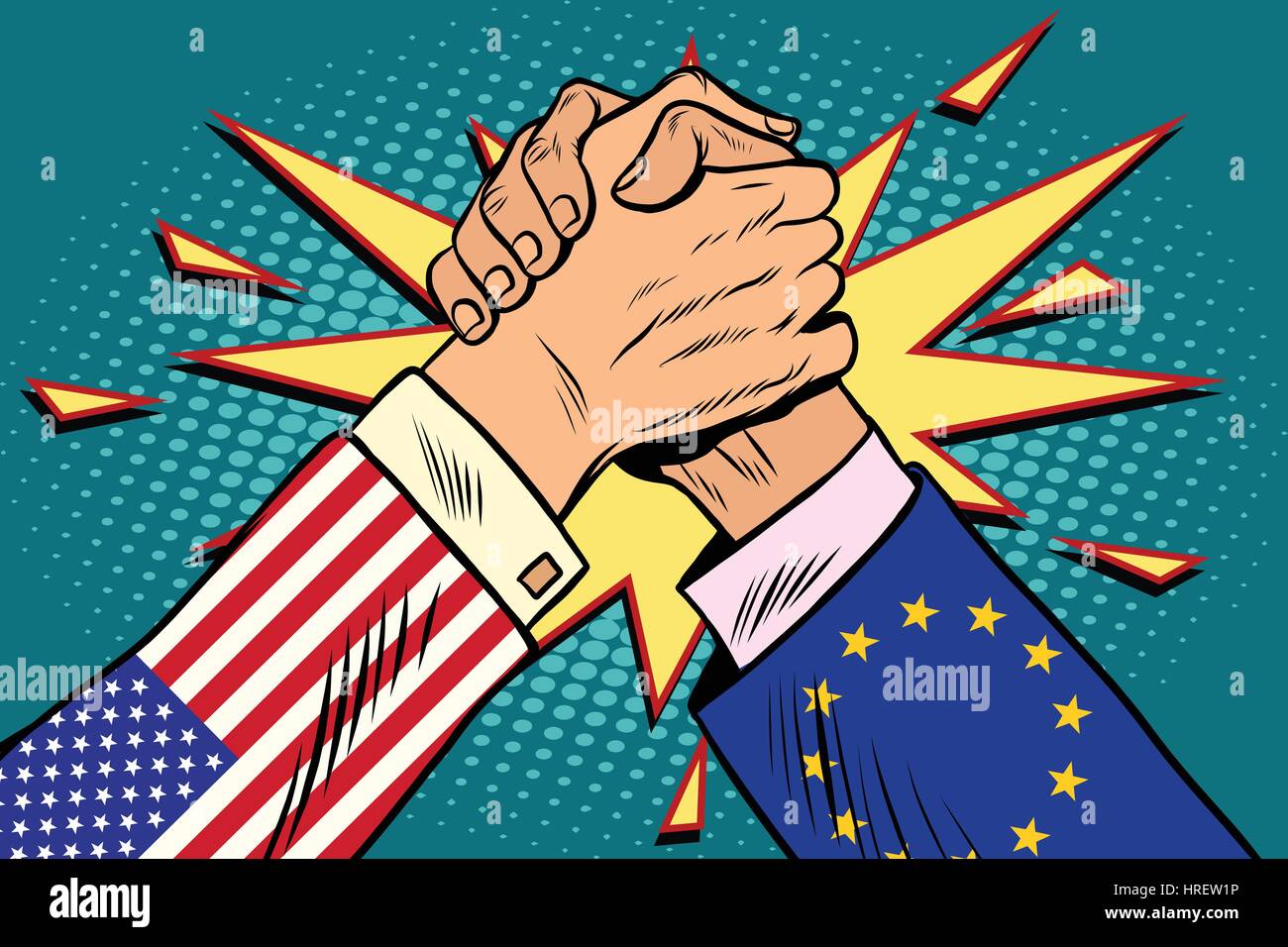 USA vs EU policy and competition, Arm wrestling fight confrontation, pop art retro vector illustration Stock Vector