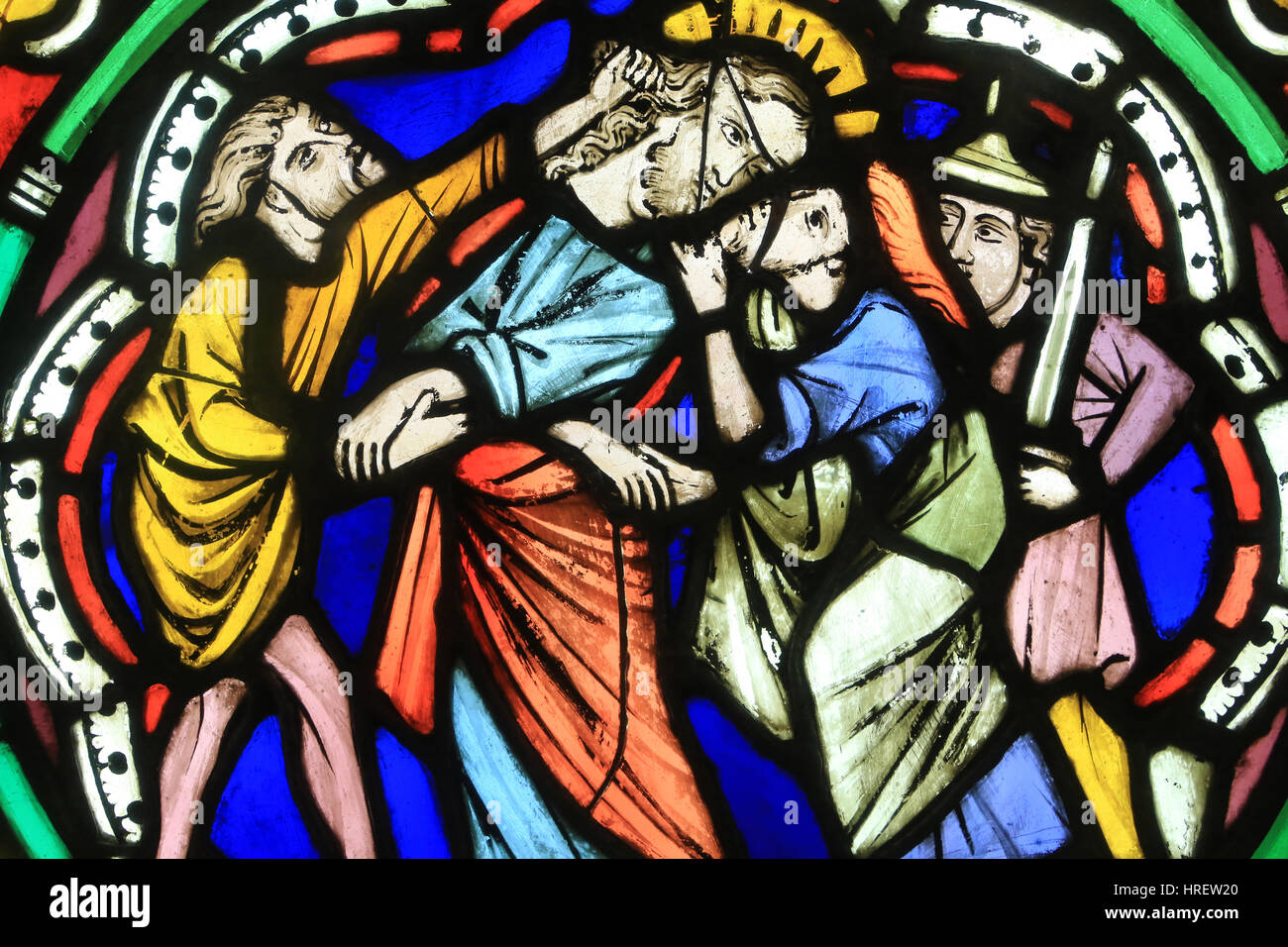 The Kiss of Judas. (1260). Gothic stained glass window from the former Dominican Church of Strasbourg. Oeuvre Notre-Dame de Strasbourg Museum. Stock Photo