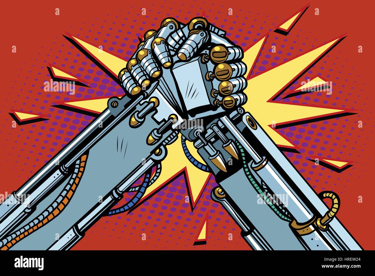 Fighting robots Arm wrestling fight confrontation, pop art retro vector illustration Stock Vector