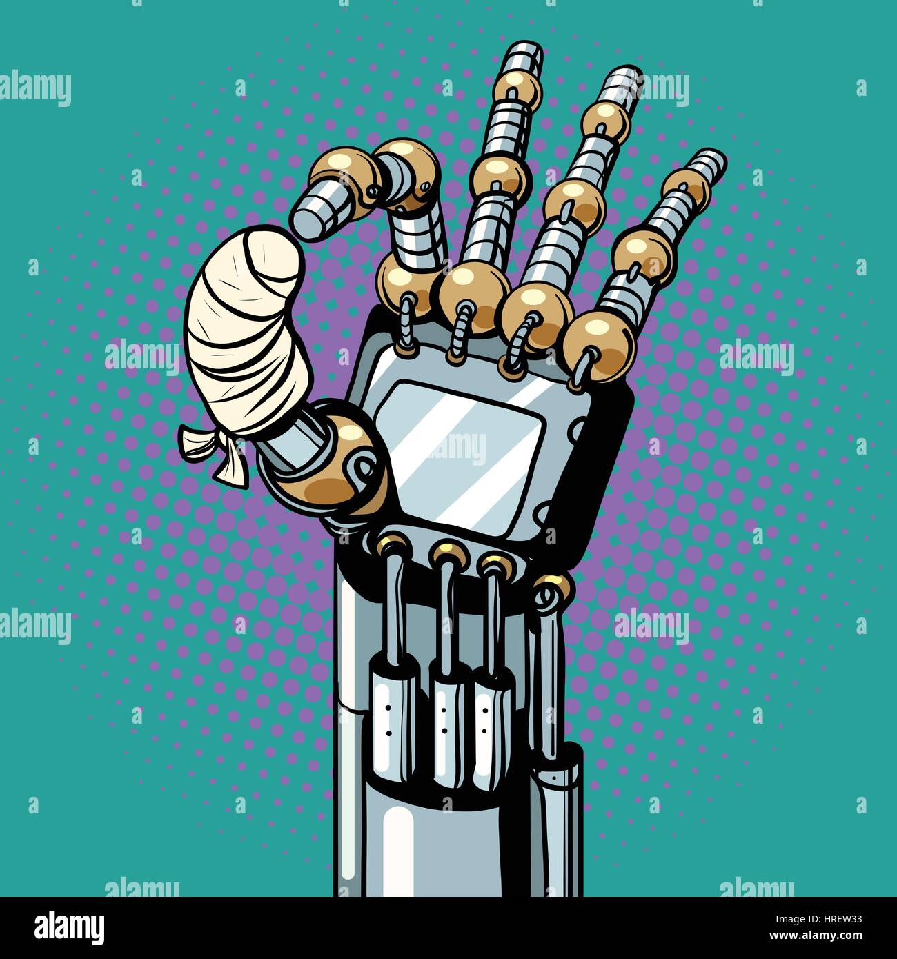 Robot OK okay gesture hand broken bandaged finger, pop art retro vector illustration Stock Vector