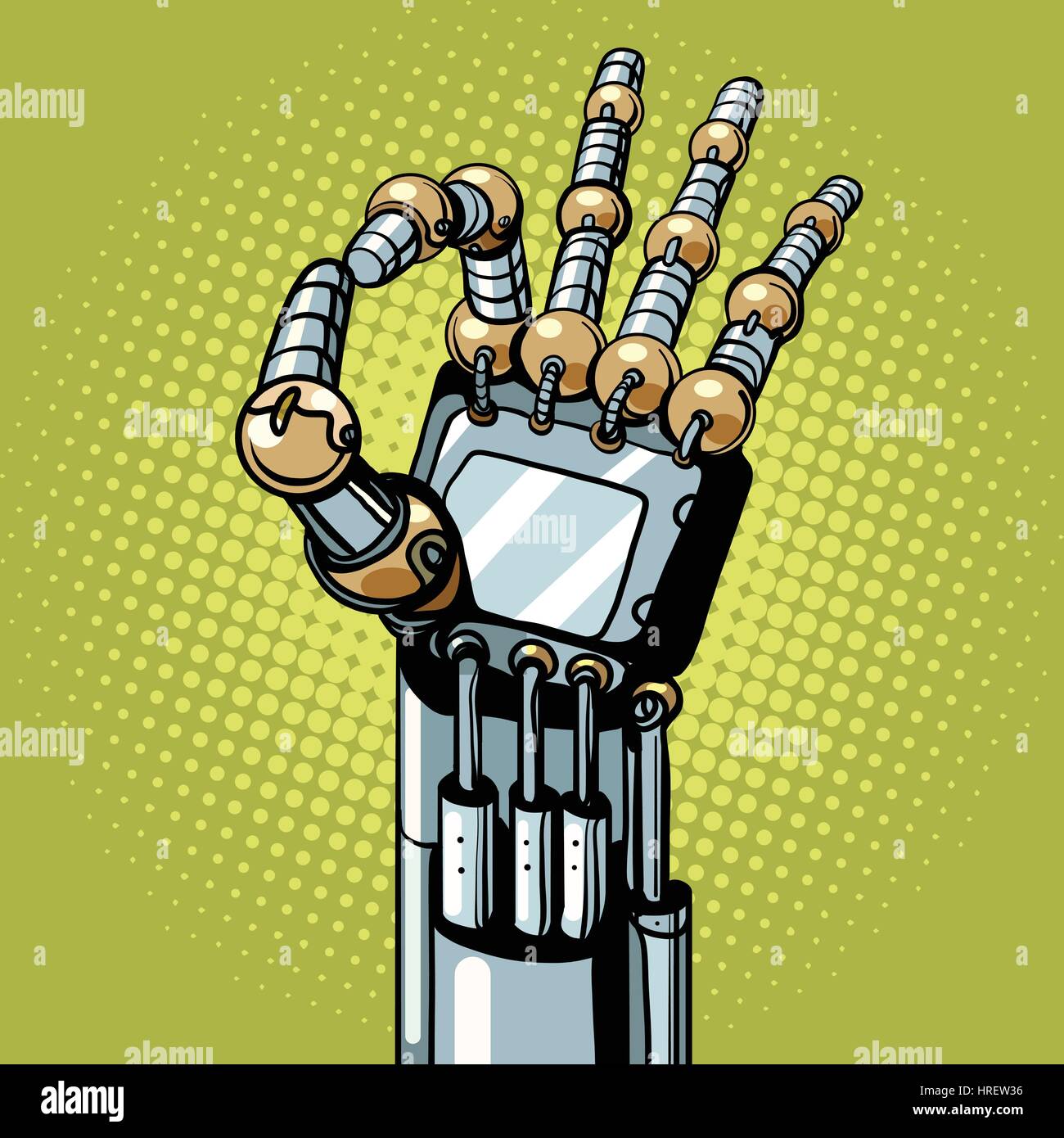 Robot OK okay gesture hand pop art retro vector illustration. Prosthetics and medicine Stock Vector