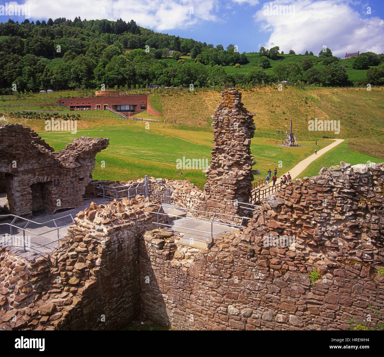 Looking towards the Urquhart castle Vistor Centre from the Castle Ruins, Loch Ness, Highlands. Stock Photo
