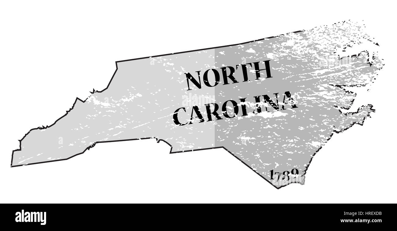 A grunged North Carolina state outline with the date of statehood isolated on a white background Stock Photo