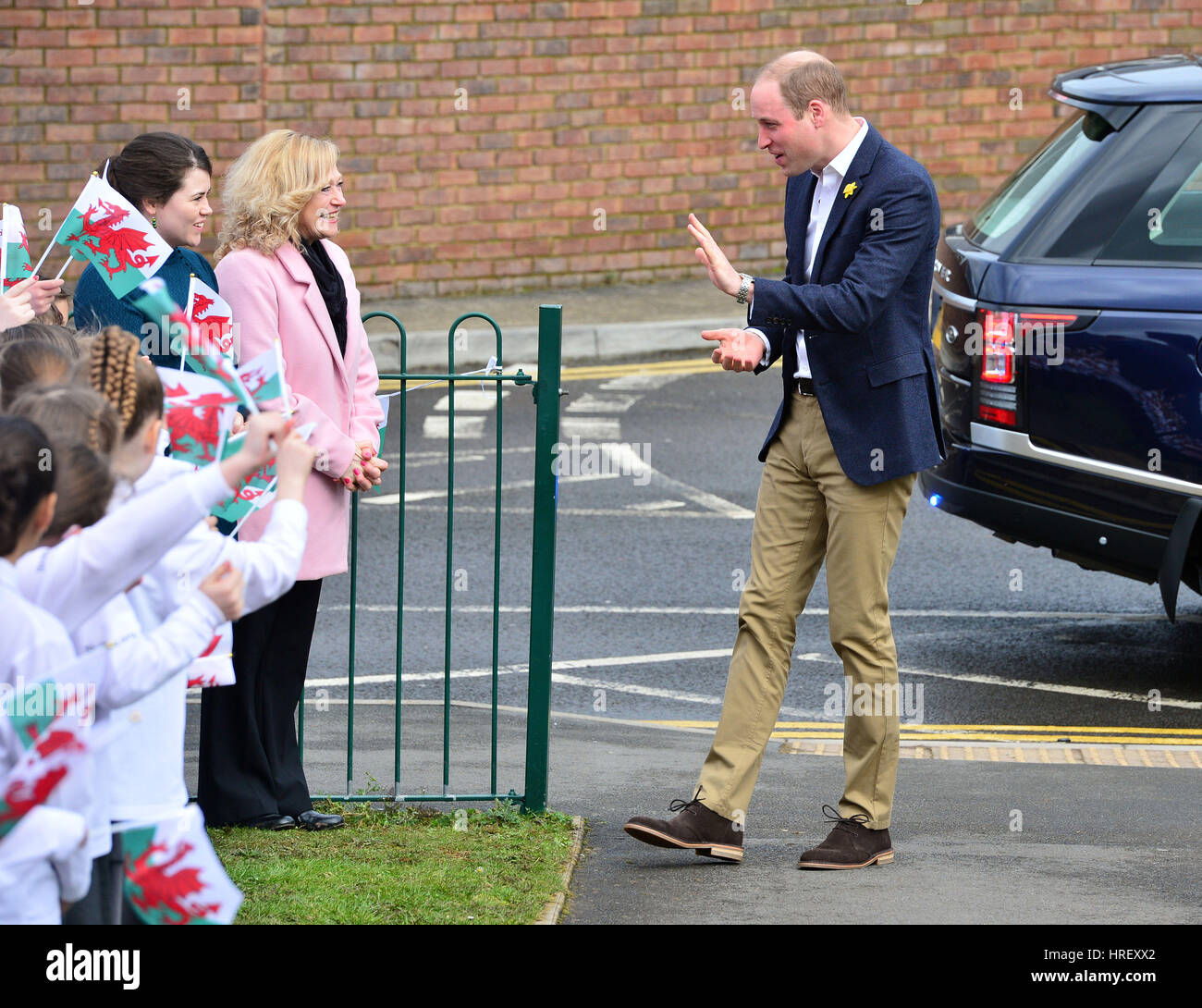 The Duke of Cambridge arrives at Llanfoist Fawr Primary School in Abergavenny, Wales, to officially launch the SkillForce Prince William Award encouraging children to develop good character, confidence and resilience. Stock Photo