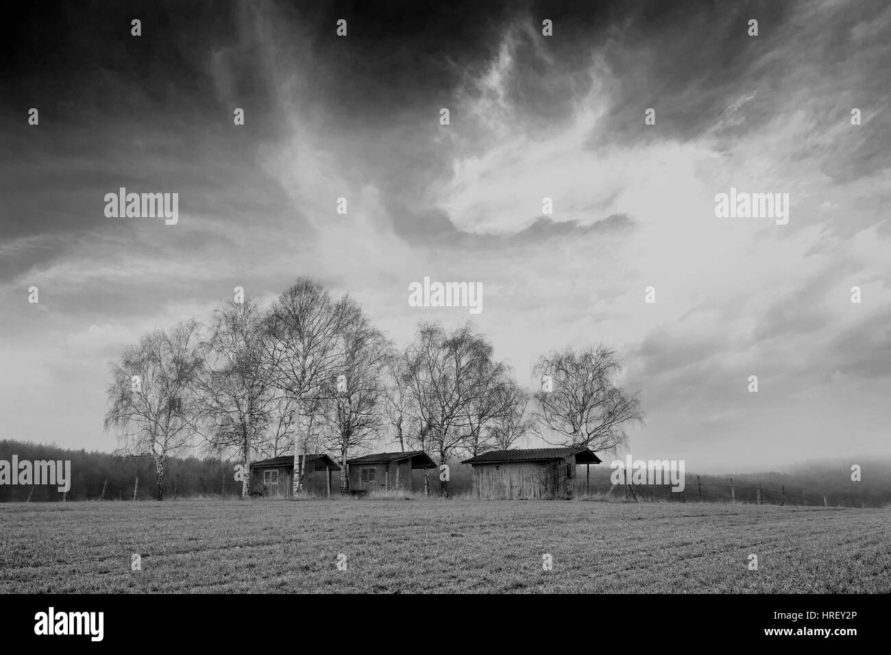 black and white landscape with several barns in agricultural farmland Stock Photo