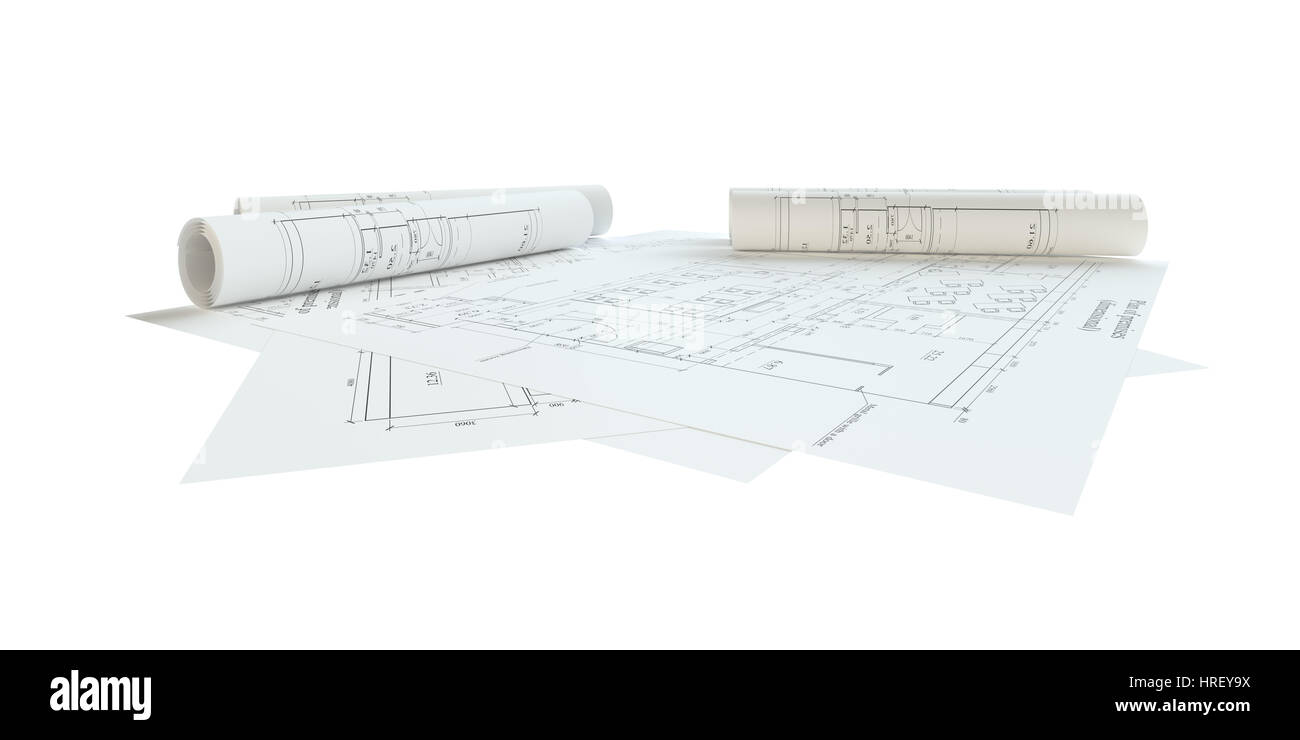 Rolled House Blueprints. Isolated On White Background. 3D Illustration ...