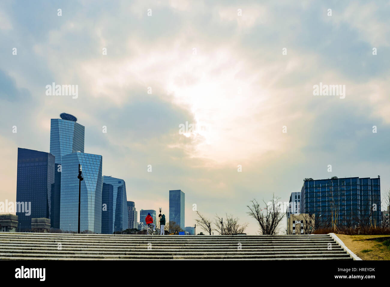 SEOUL, SOUTH KOREA, JANUARY 06: Han river park with Yeouido financial district in the background during sunset on January 06th, 2016 in Seoul Stock Photo