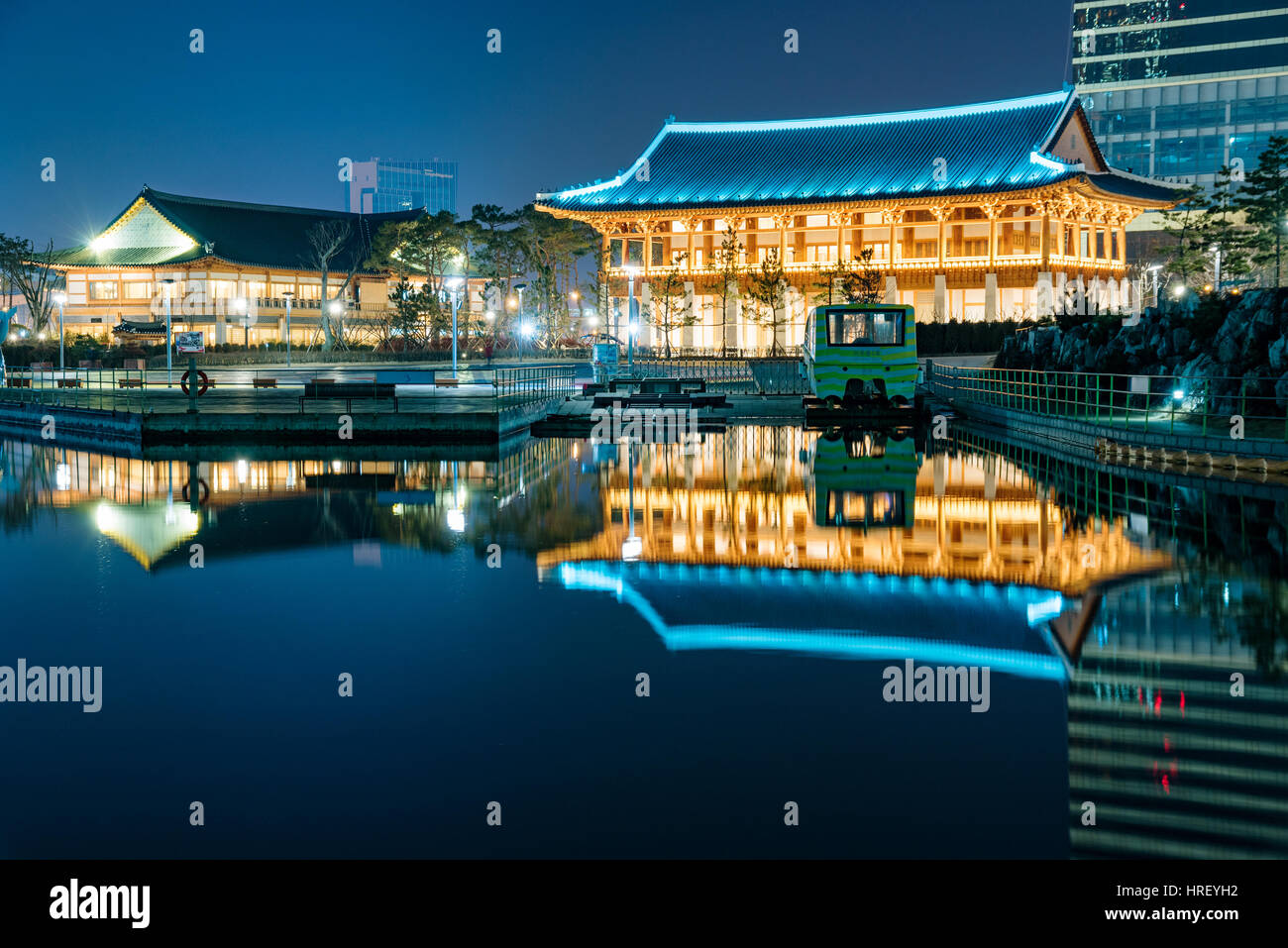 INCHEON, SOUTH KOREA - FEBURARY 10: Architecture in Incheon Central Park at night time which is the center of the city's financial district and a famo Stock Photo