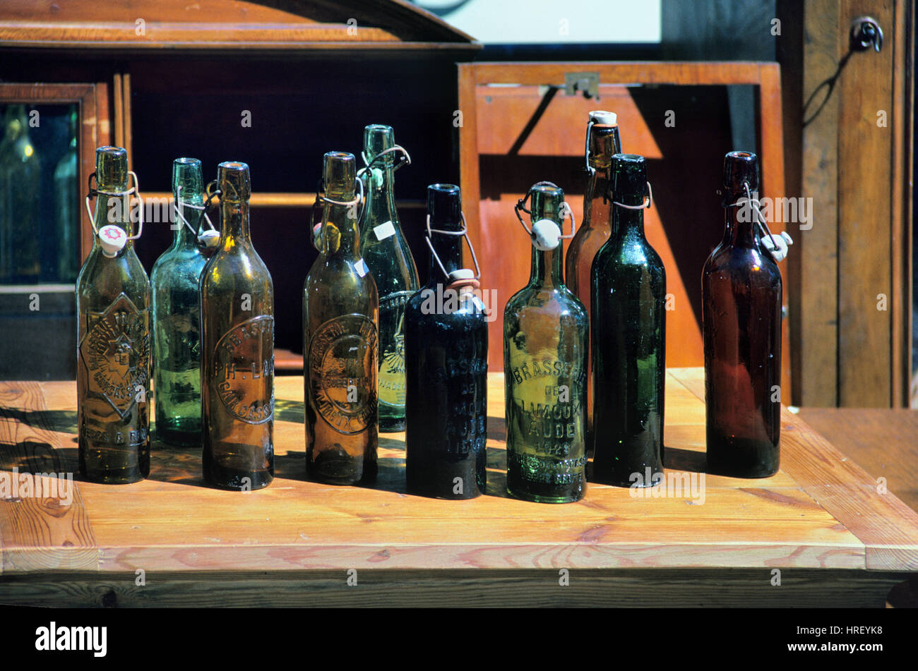 Antique or Vintage Bottles for Sale at an Antique Market or Fair on the Cours Mirabeau Aix-en-Provence Provence France Stock Photo