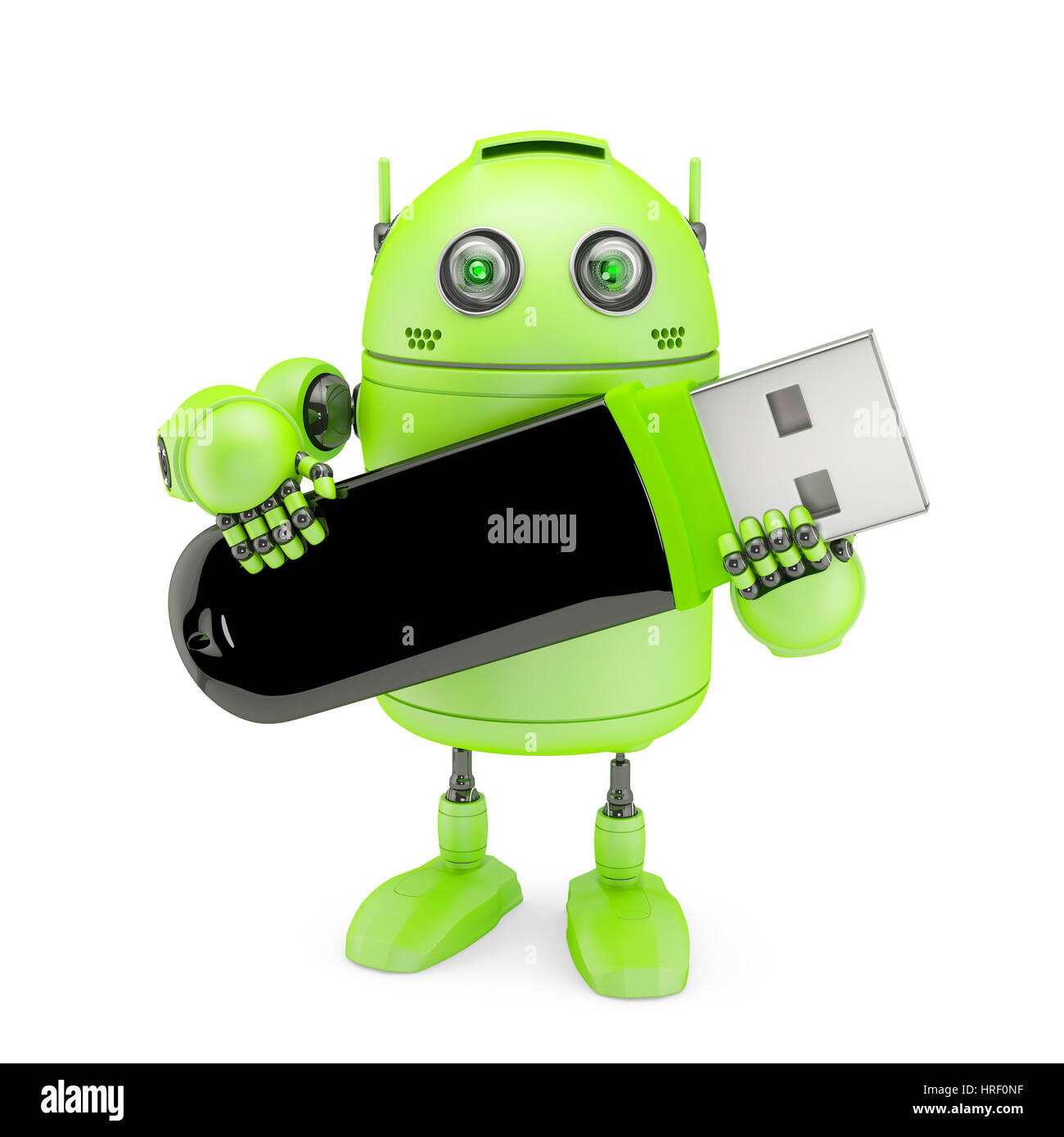 3d robot holding usb flash drive. Isolated on white Stock Photo