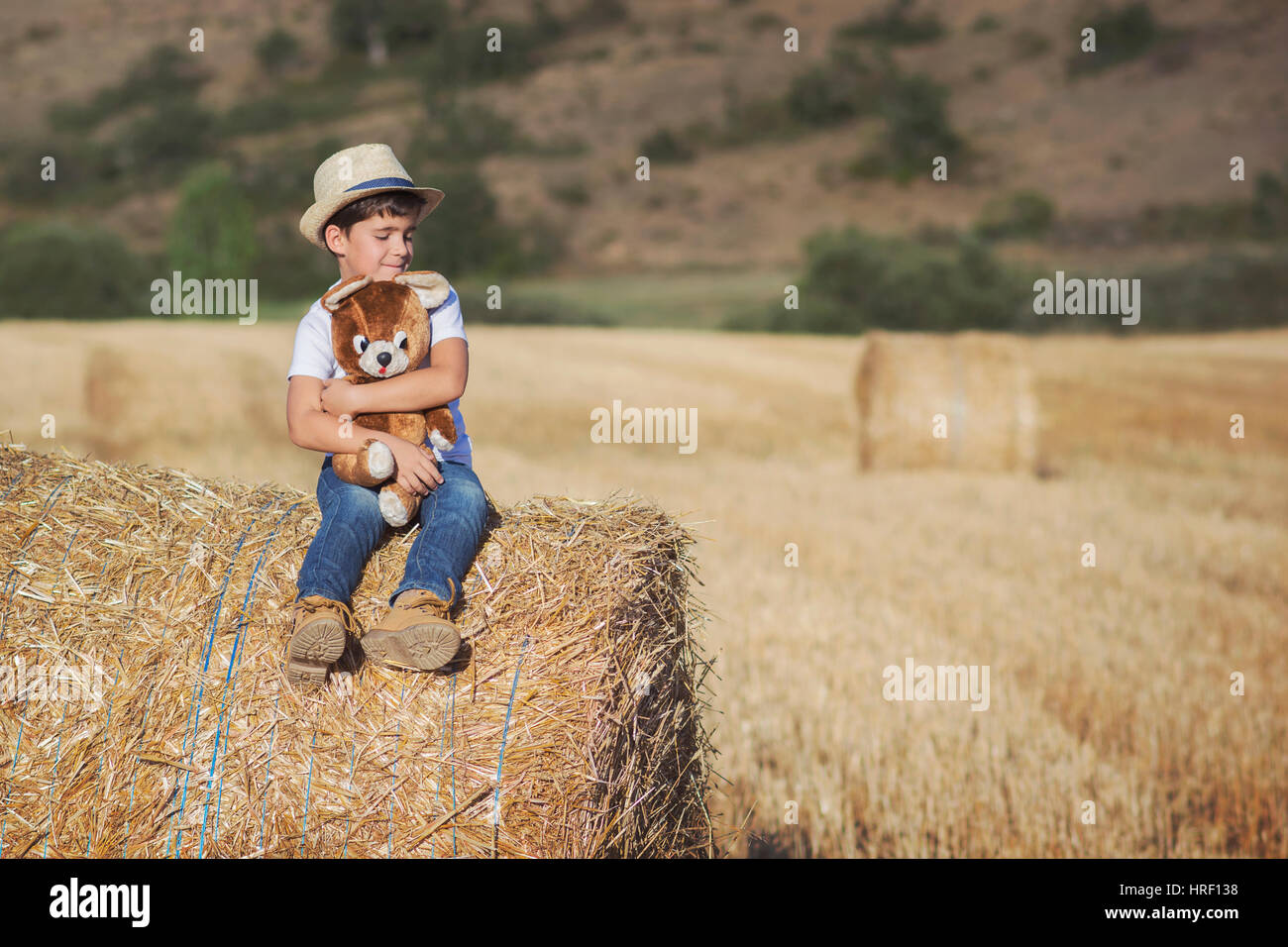 Boy hugging teddy bear in the wheat field Stock Photo - Alamy