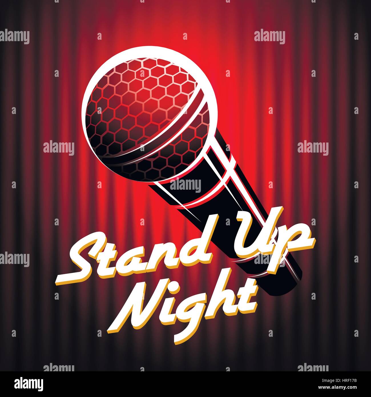 Microphone emblem against red curtain background with wording Stand Up Night. Comedian night show or battle party design. Vector illustration. Stock Vector