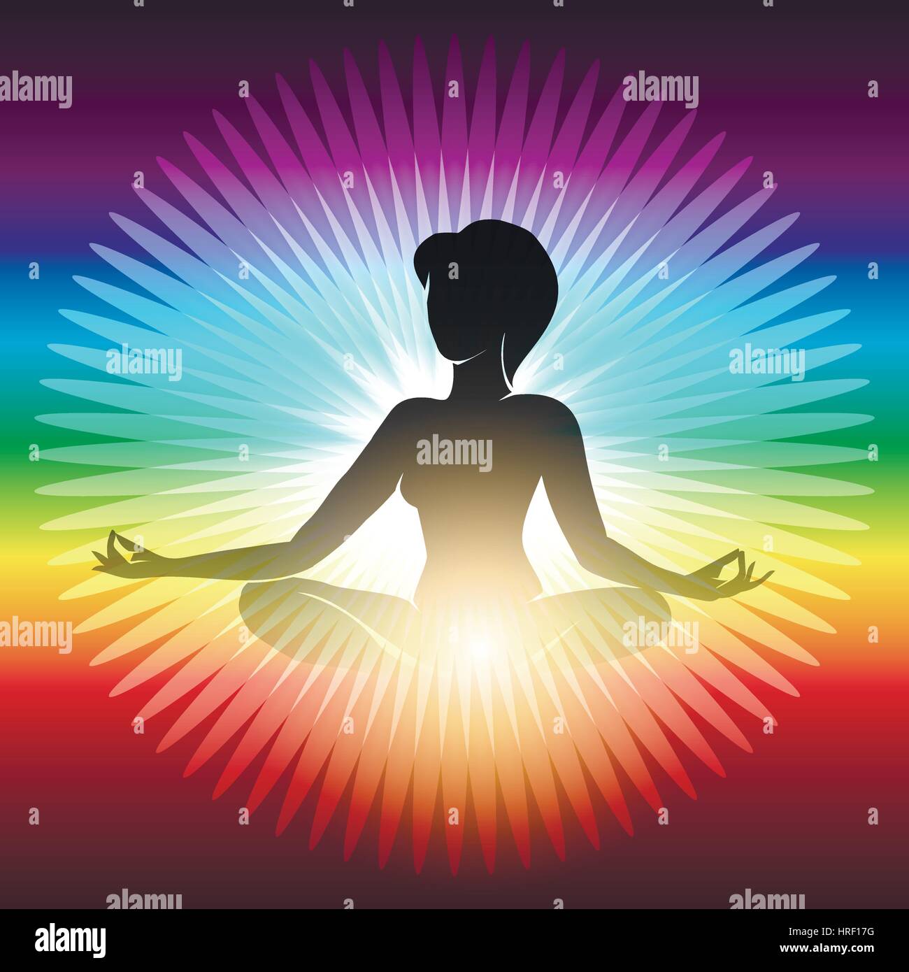 Woman sitting in half lotus pose for meditation against rainbow