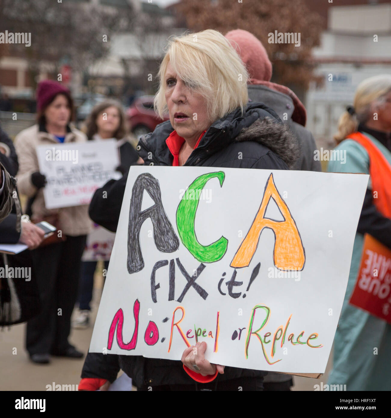 Birmingham, Michigan - People rally to save affordable health care. They were protesting Republicans' plan to repeal the Affordable Care Act. Stock Photo