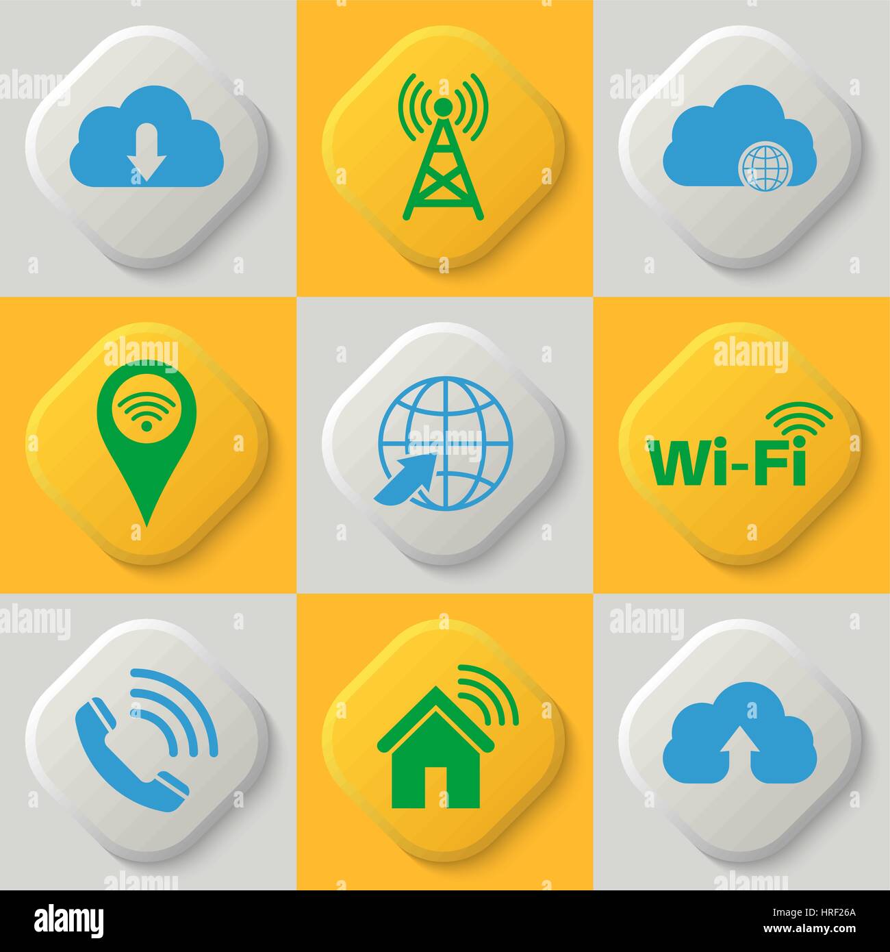 Set of nine icons of a wireless communication, wifi, cloud storage, network. Wi-Fi connection. Cloud service. Button. Vector element of graphic design Stock Vector