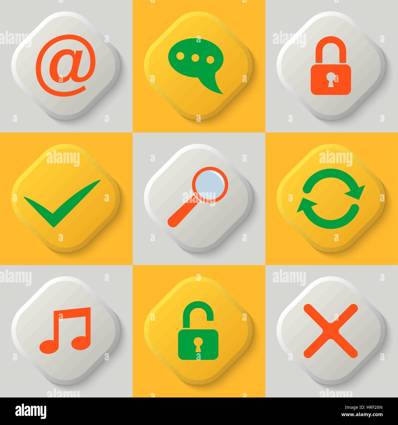 Set of nine web icons. Lock. Unlock. Approve. Cancell. Search. Update and synchronization. Multimedia. Mailbox. Vector element of graphic design Stock Vector