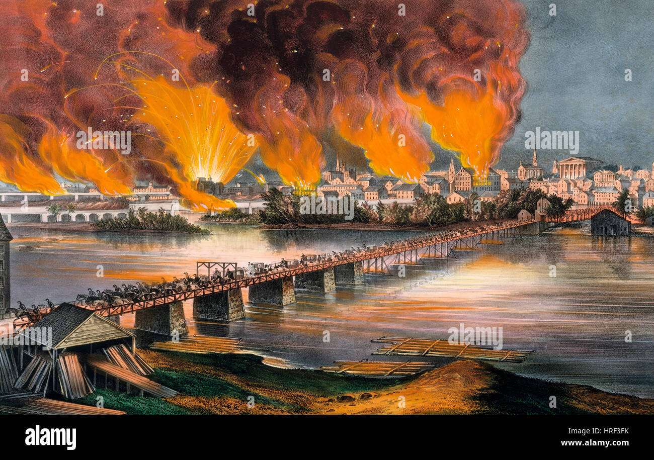 The Fall of Richmond, Virginia, America, April 2, 1865, during the American Civil War.  After a Currier and Ives lithograph. Stock Photo