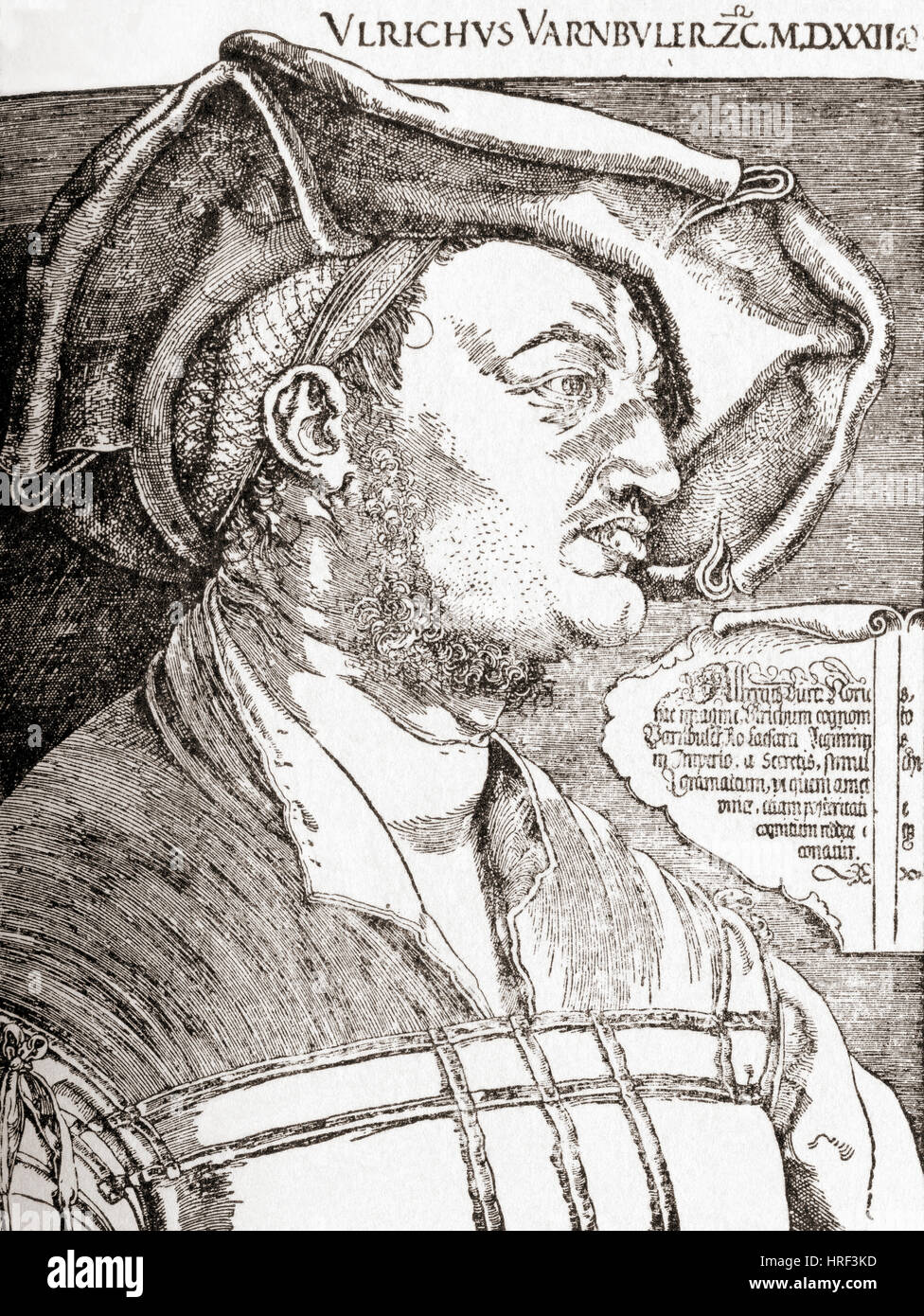 Portrait of Ulrich Varnbüler in 1522, mayor of St. Gallen, Switzerland. After Albrecht Dürer, 1471-1528.  From Meyers Lexicon, published 1927. Stock Photo