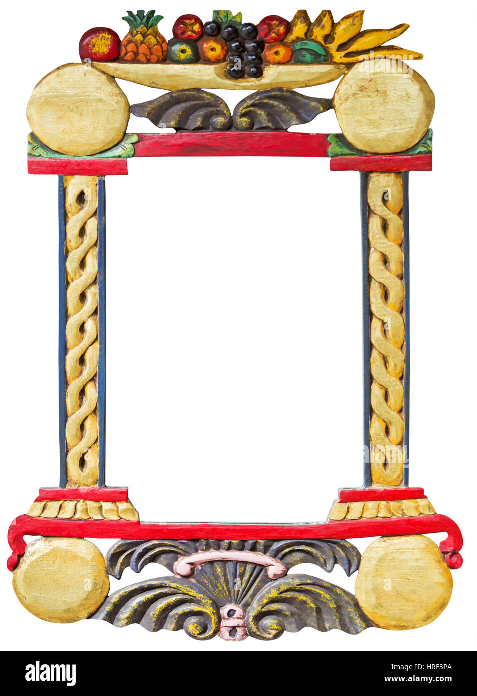 Old wooden hand made frame with fruits motif, isolated on white background with Clipping Path Stock Photo
