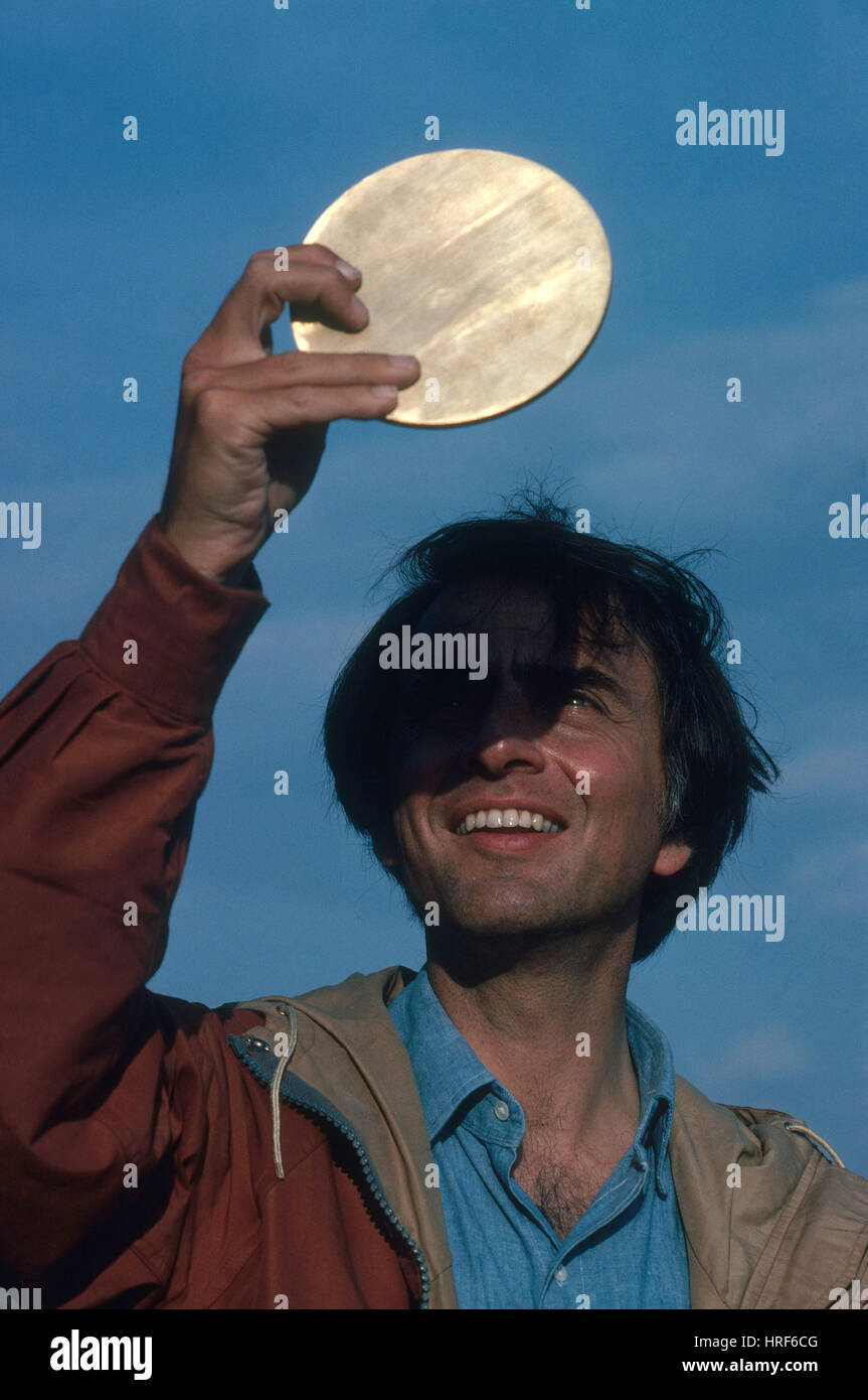 Carl Sagan filming 'Cosmos'. Stock Photo