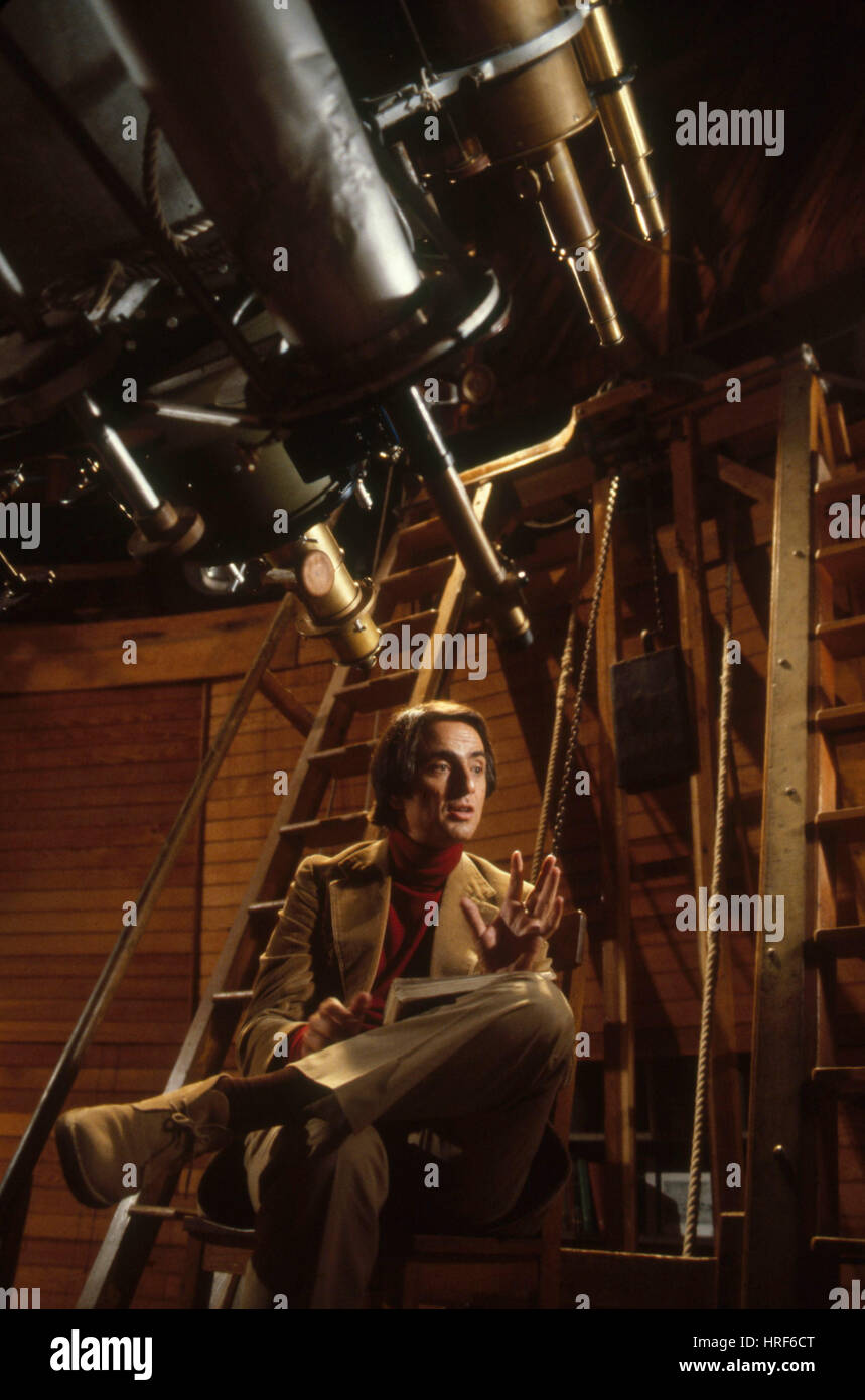 Carl Sagan filming 'Cosmos'. Stock Photo
