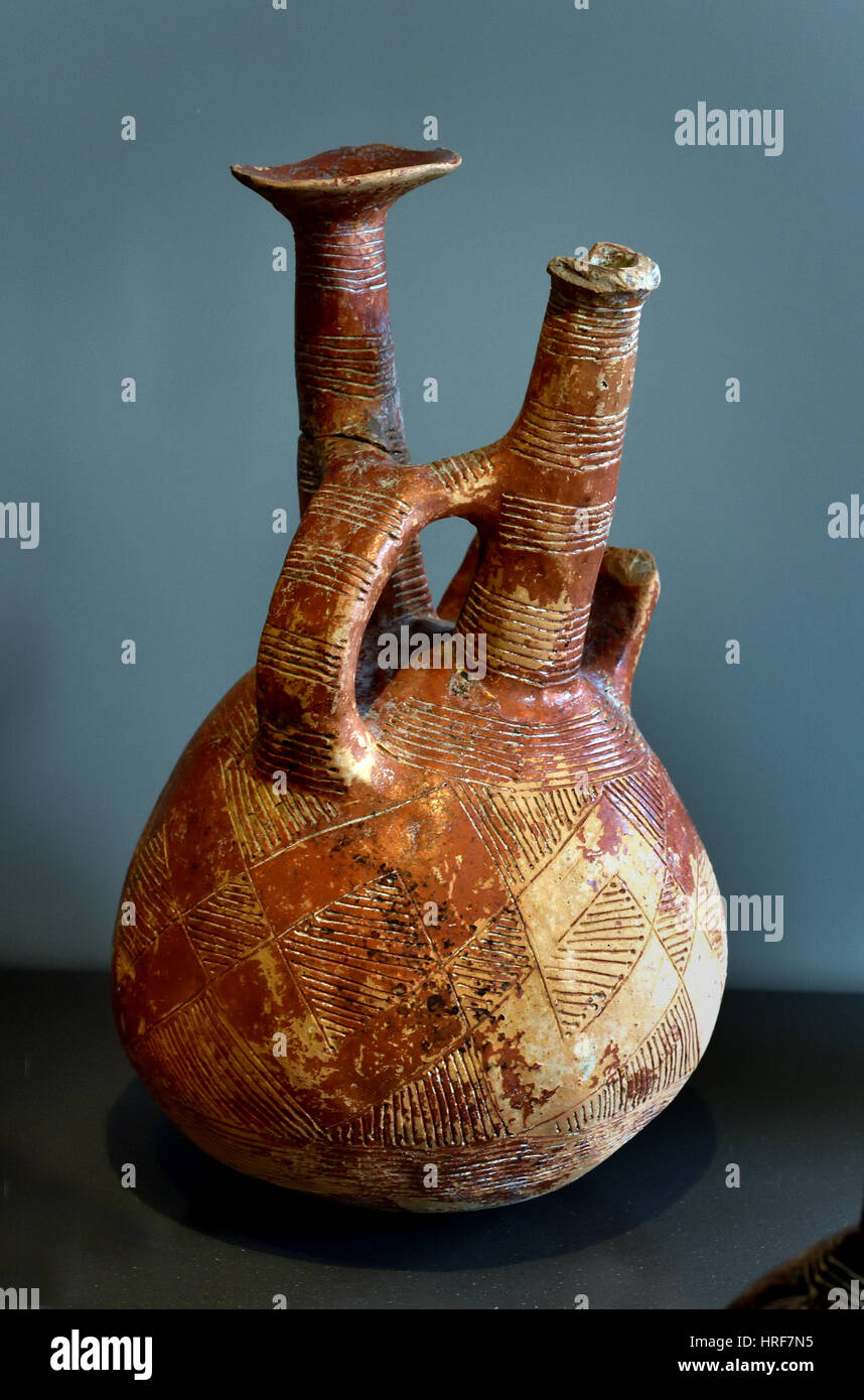 Spouted vessels and Bowl , Red and Black Polished ceramic 150 BC Cyprus Stock Photo