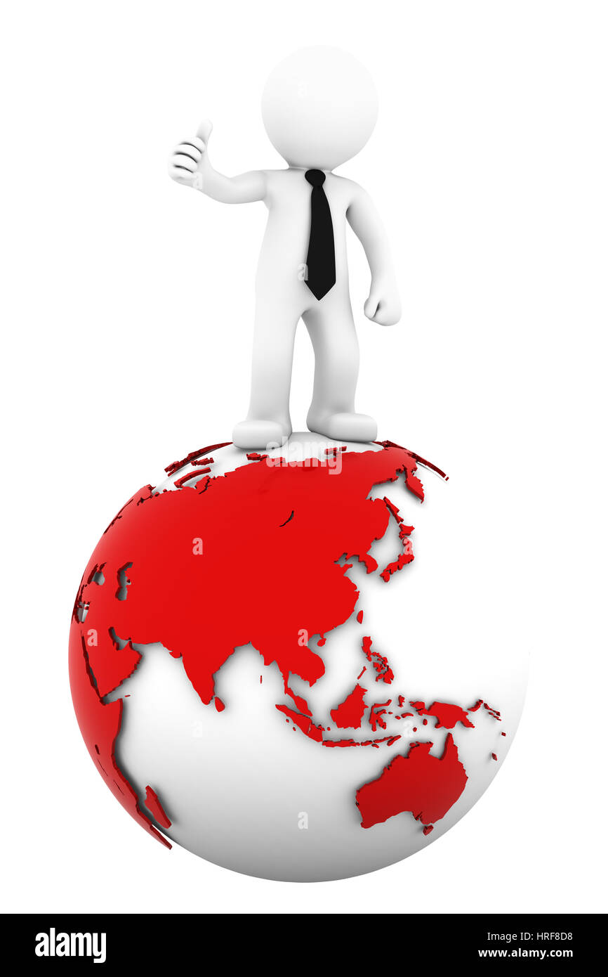 3d Businessman standing on earth globe: Asian side. Isolated on white Stock Photo