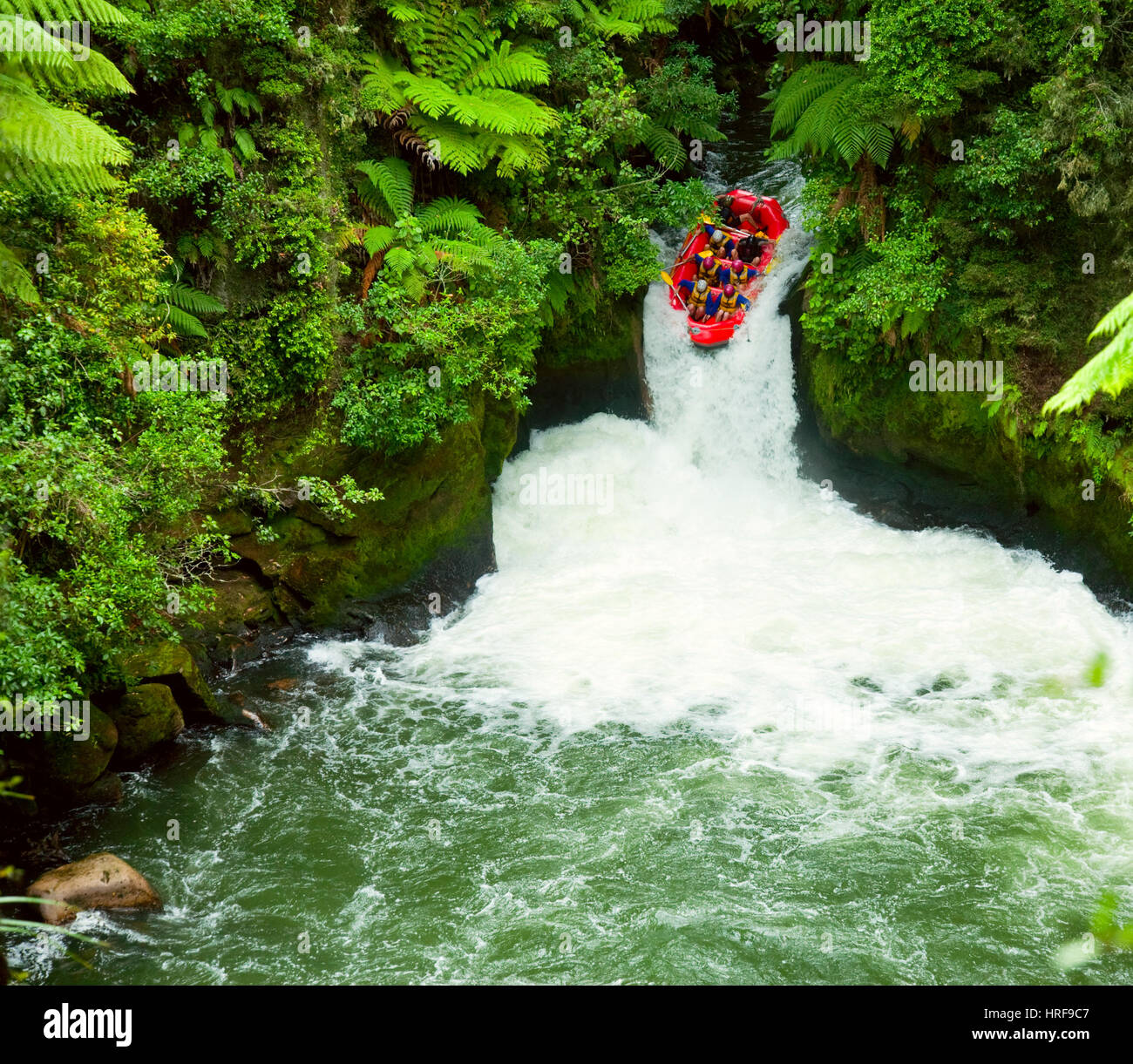 A group of whitewater rafters on the Kaituna River, New Zealand Stock Photo