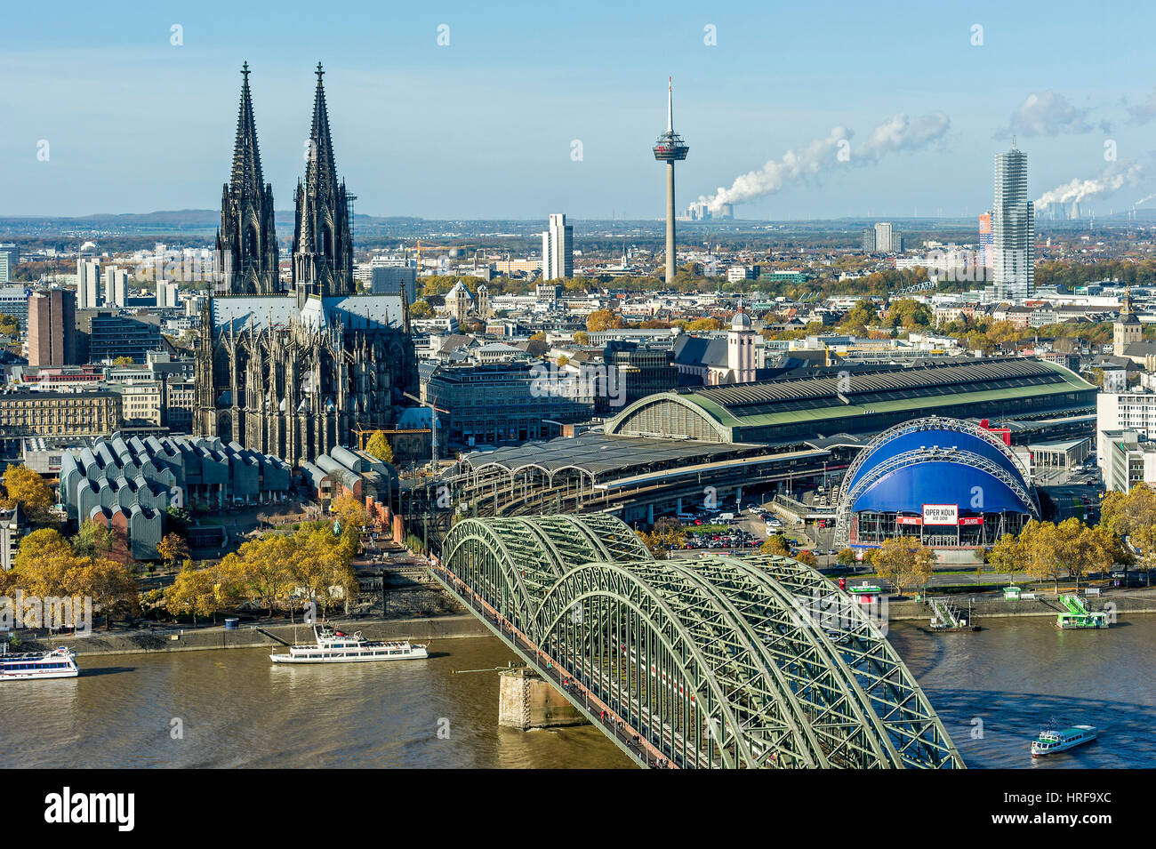 View over the river Rhine, Cologne's historic centre, Museum Ludwig, Cologne Cathedral, Hohenzollern Bridge, Central Station, Stock Photo