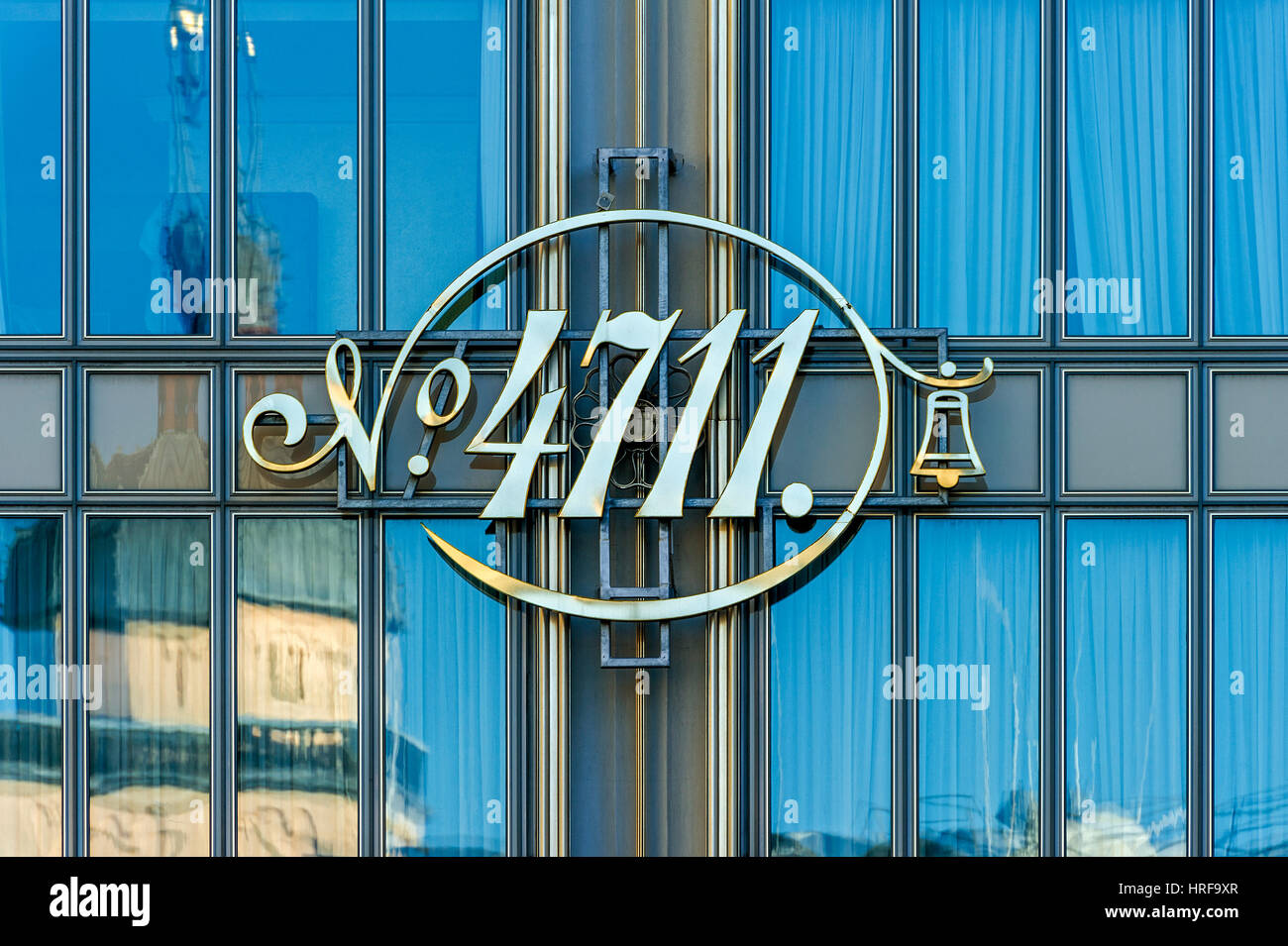 Logo of Parfürm 4711 Echt Kölnisch Wasser at Blue Gold House, historic centre, Cologne, North Rhine-Westphalia, Germany Stock Photo