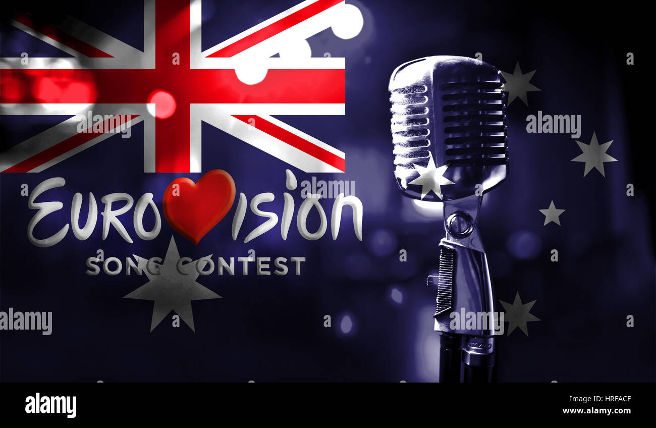 Photos banner with the official logo of the Eurovision Song Contest in the Australia flag. Belarus,01 March 2017 Stock Photo