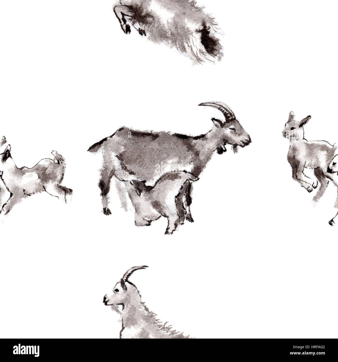 Seamless background with 3 images of goats and kids oriental ink painting Stock Photo