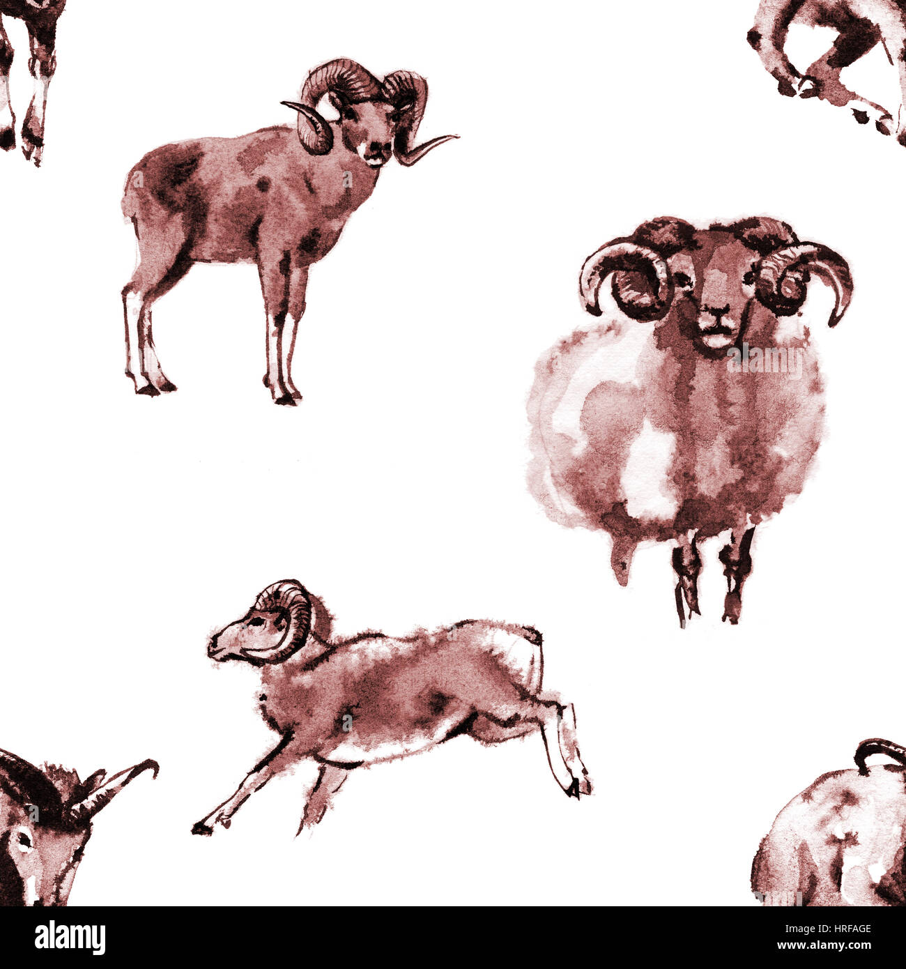 Seamless background texture with 4 images of rams, oriental ink painting, brown tone, isolated on white background. Year of sheep, goat. Stock Photo