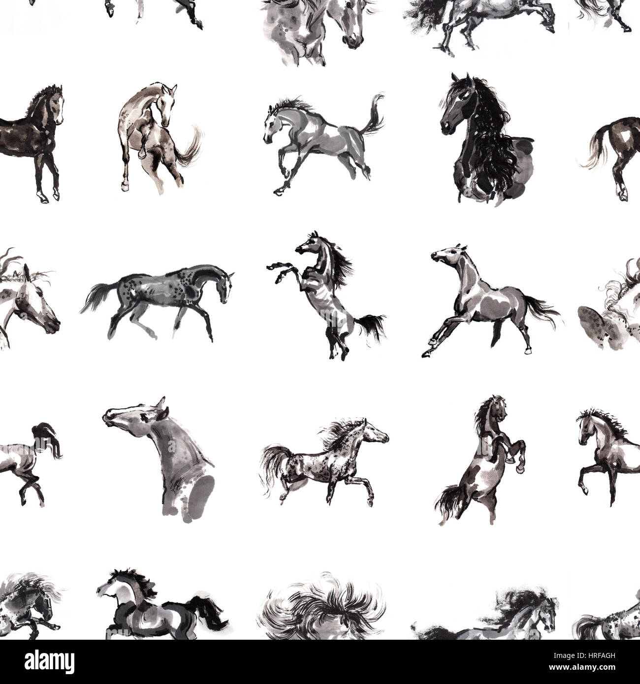Horses seamless background Oriental ink painting original art Horses seamless background Oriental ink painting original art