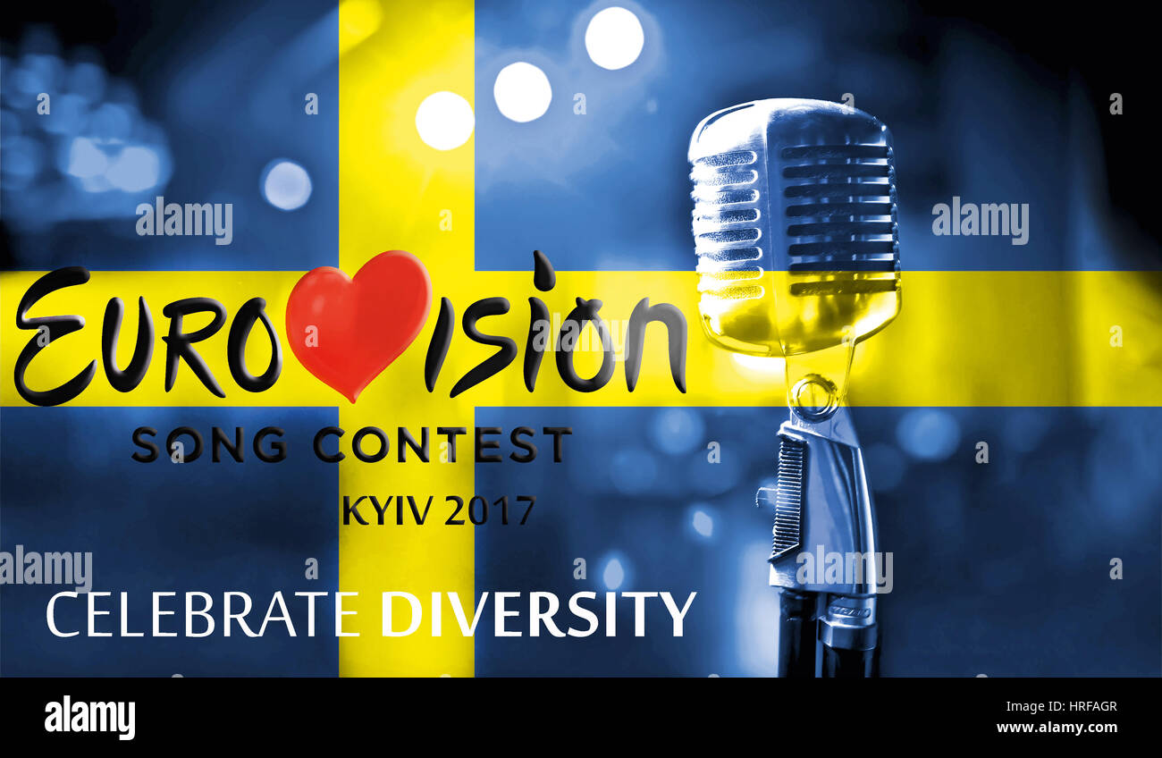 Photos banner with the official logo of the Eurovision Song Contest in the Swedish flag, Eurovision 2017 in Kiev.Belarus,01 March 2017 Stock Photo